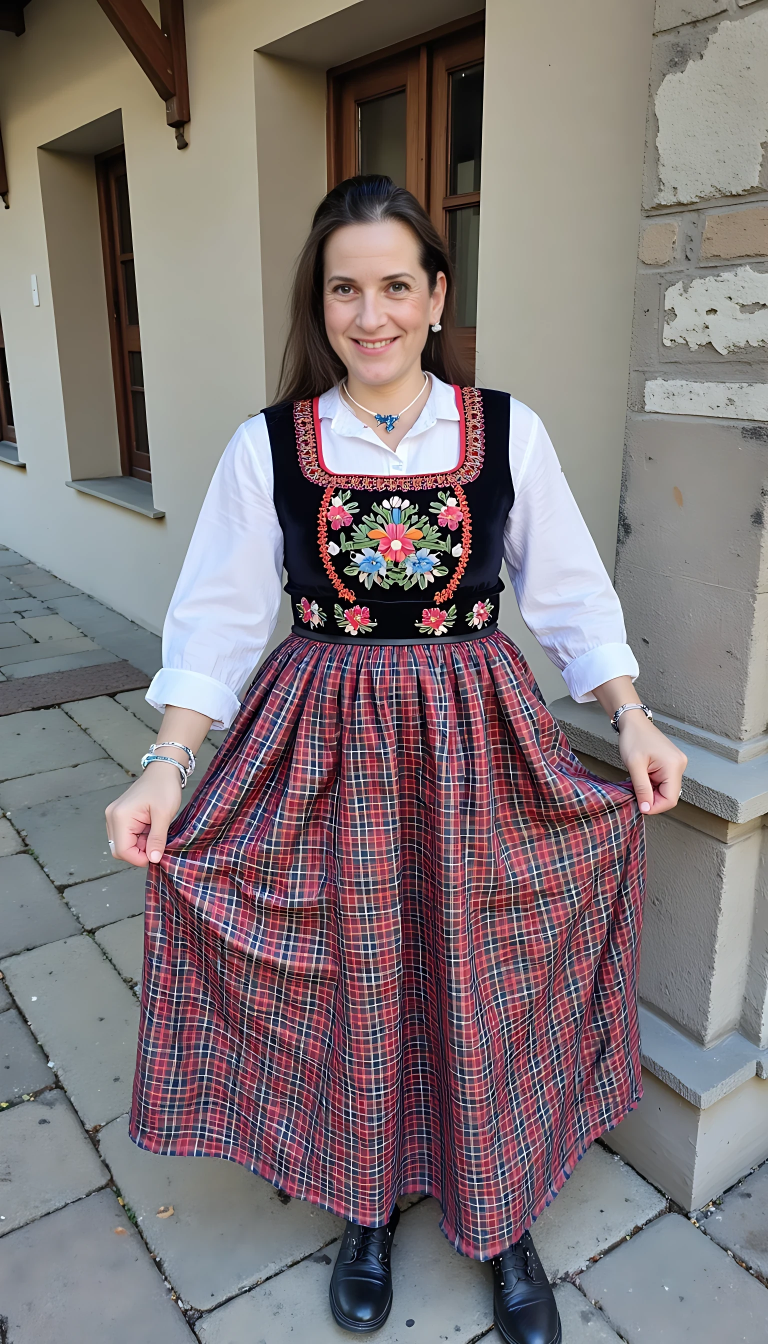 photo of brunette woman CSTMDL mature, small puffy saggy tits in czech national costume i the street carvival