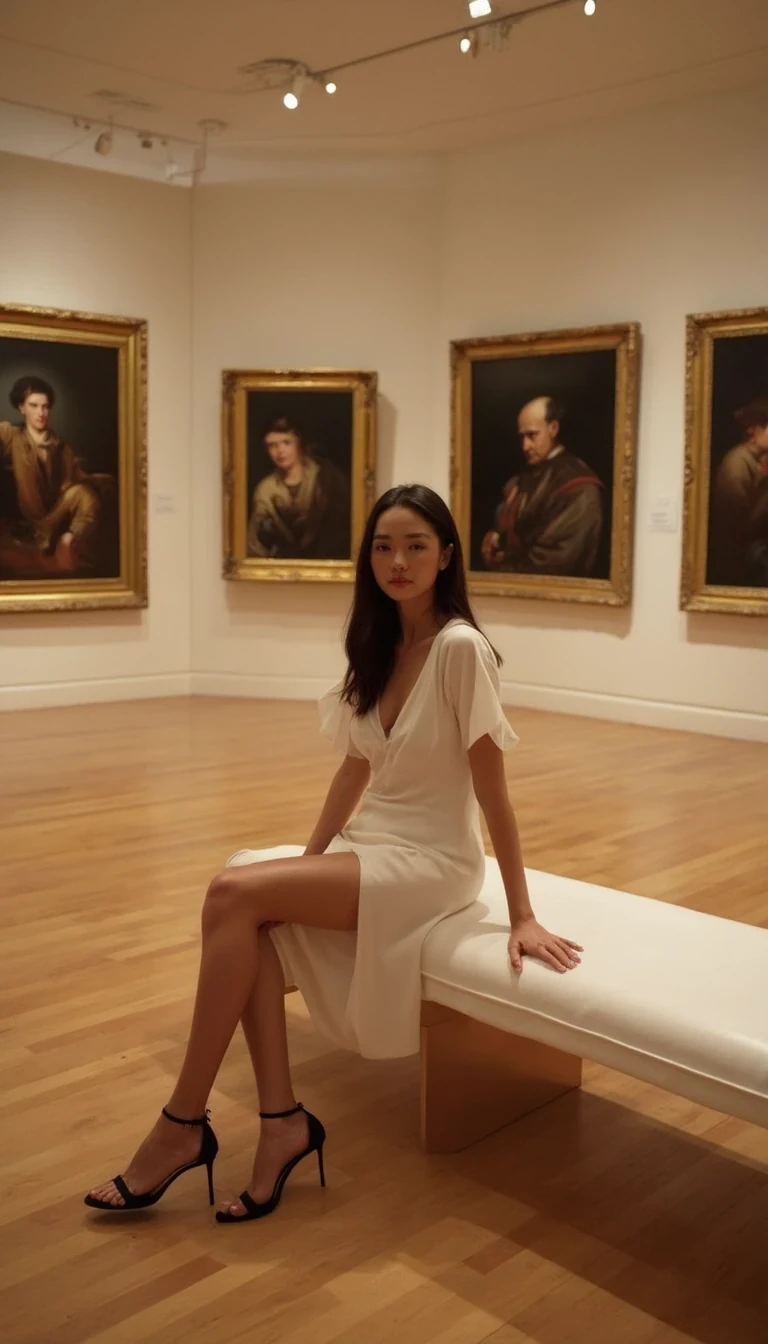 need ate character of Emma and put it into this prompt: In a stylish art gallery setting, a woman sits gracefully on a sleek, modern white bench, clad in a chic white dress that accentuates her silhouette. The space is adorned with classic paintings framed in gold, reflecting a baroque and contemporary fusion. Soft, ambient lighting from gallery spotlights creates a warm glow, highlighting the textured walls and polished wooden floor, enhancing the artwork's details. The composition draws the viewer's eye with a balanced central focus on the subject, while the surrounding art pieces create a cultured backdrop. The use of leading lines from the flooring directs attention towards the woman, who exhibits an air of sophistication with her black strappy heels and elegant posture. The overall mood is one of refined leisure, perfect for cultural exploration. This scene radiates modern elegance reminiscent of high-fashion editorial styles, making it visually captivating. The clarity of the environment, juxtaposed against the rich art pieces, evokes a sense of timelessness and artistic appreciation.