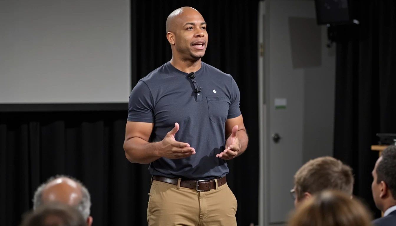 iPhone Photorealistic Full body image. make him more realistic and similar. Tech CEO, He is wearing m t shirt and tan khakis. Slim but muscular build. He is giving a speech to a group of investors. He looks like a confident stud, CSTMDL, Face of Carter and bald head