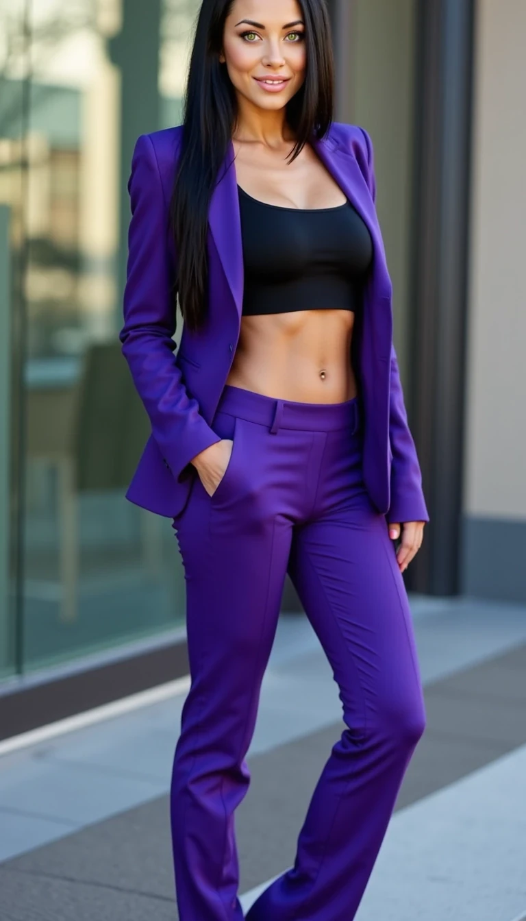  CSTMDL, haxel green eyes, long dark silky hair,5'5"height   size C ROUND Breasts, tiny waist 18 INCHES ,120 POUNDS, VERY PETITE toned,  fit, feminine, ultra realistic 8k, . 
"A confident woman with long black hair and striking hazel-green eyes, wearing a tailored royal purple pantsuit with a cropped black top. She stands outdoors near a modern glass building, hands in her pockets, radiating elegance and professionalism. She wears statement earrings and heels, her posture straight and poised, with a natural, warm smile. The lighting is bright and natural, highlighting her polished look and sophisticated style.  . Almond shaped  hazel green eyes false eyelaahes, plump lips, and toned, muscular feminine body.  CSTMDL-NIKKI 