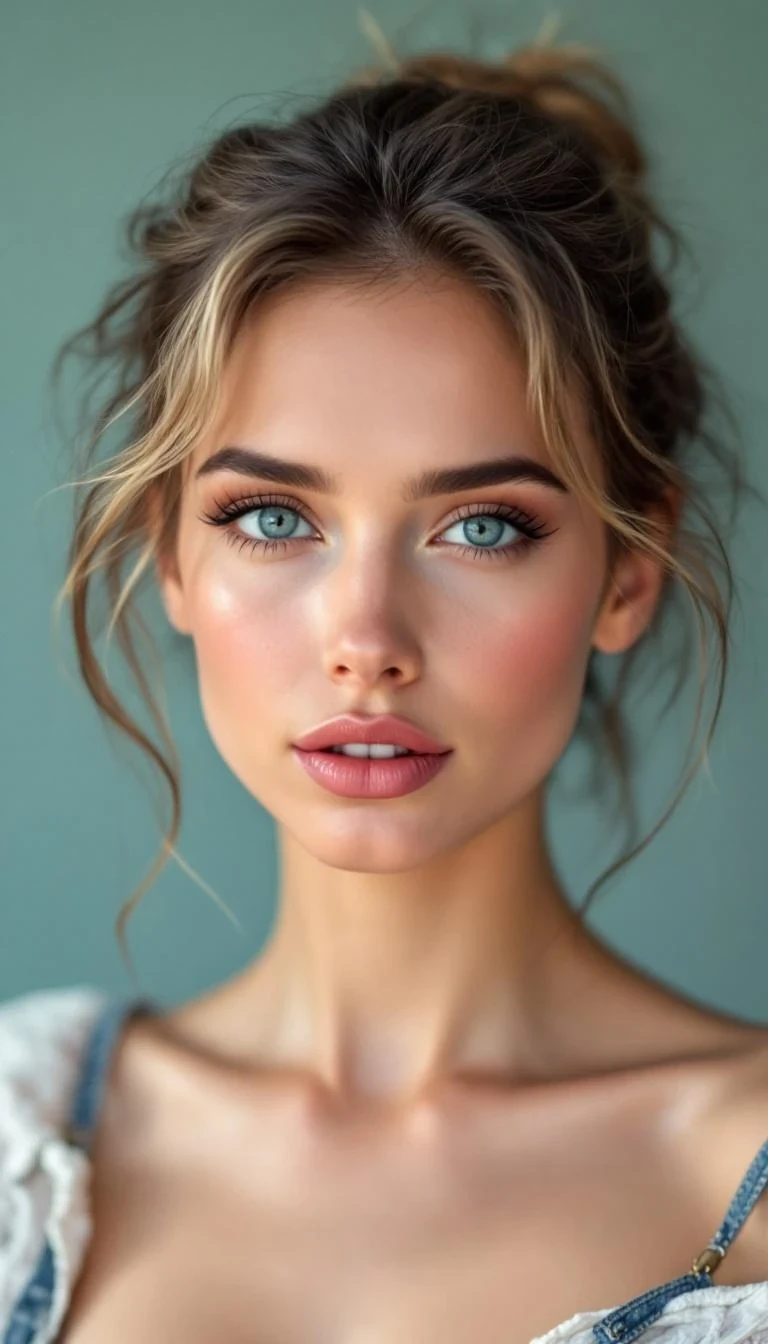 sexy 18 years old woman with slightly bottoxed lips, defined cheek bones, blue eyes and interesting makeup