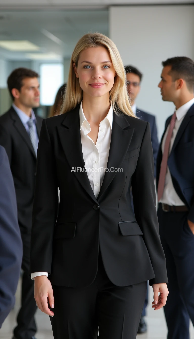 Generate an image of a realistic young woman with blonde hair, dark complexion, and blue eyes, dressed in a professional and elegant outfit. She is in the office of a large corporation with several employees in the background. The image should portray her as a successful businesswoman.






