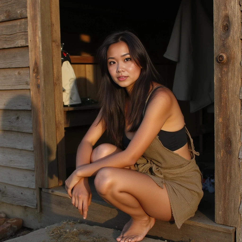 boring low quality snapchat photo circa 2015, sun setting, very poor asian woman, cute, nice body, dark brown hair, poor girl outfit, barefoot, muddy dress, sitting in wood hut, bigger boobs. 