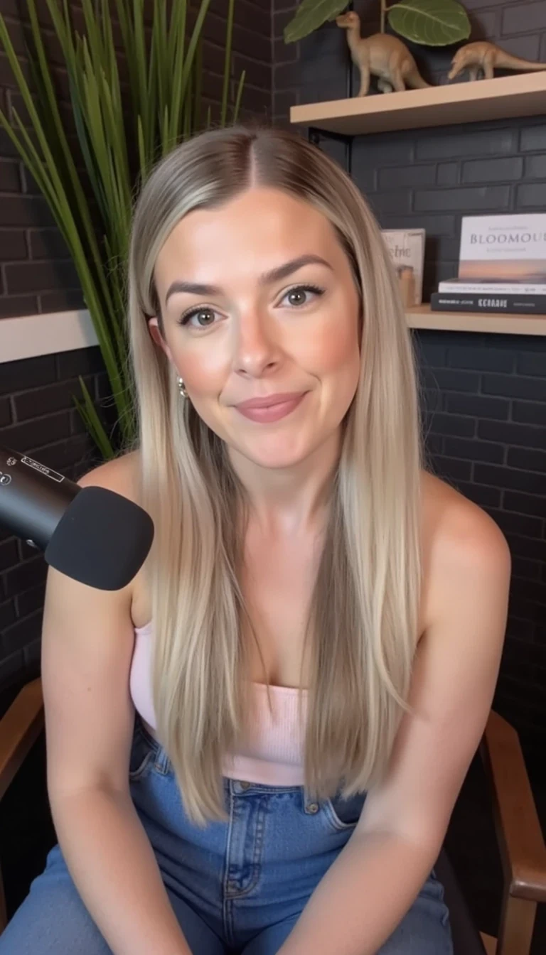 A woman with blonde hair pulled back, is speaking into a microphone. The background features a dark brick wall and a shelf with books and decorative items, including a small dinosaur figure and a picture of a serene landscape on a book cover. The setting appears to be a cozy, modern podcast studio with soft lighting. She is wearing a denim jeans and a small tank top. You can see her full body as she sits in a chair. You can see her full body in the photo. She is posing for the camera.