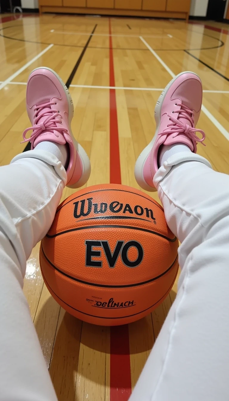 photo of woman CSTMDL , This image captures a close-up view of a person's legs, clad in white sweatpants, resting on a polished wooden basketball court. The focus is on a vibrant orange basketball, placed between the legs, prominently displaying the logo 'Evo' and 'Wilson.' The environment conveys a warm, relaxed atmosphere, suggesting a casual day at the gym or after a game. The perspective is low to the ground, emphasizing the footwear, which consists of stylish pink basketball shoes. The court's lines and markings, along with the smooth surface of the wood, enhance the setting's authenticity. Natural light from overhead illuminates the scene, casting soft shadows and highlights, creating a balanced composition. The overall feel is comfortable yet sporty, reflecting a connection to the game of basketball while highlighting the individual's relaxed moment of pause. The colors are warm with a slight sheen from the polished floor, and the depth of field softly blurs the background, drawing more attention to the subjects in the foreground. A low-angle shot of a seated individual’s feet in soft pink athletic shoes resting on a basketball on polished wooden gym flooring. The warm, golden tones of the wood contrast beautifully with the pastel shades of the shoes, creating a vibrant yet soothing visual. The basketball, with its textured surface and bold markings, serves as a focal point, symbolizing leisure or an impending game. The gym setting is subtly illuminated, casting gentle shadows that accentuate the curves of the legs and the ball. This composition emphasizes the relaxed atmosphere of the gym, inviting viewers to feel the anticipation of a game or a workout. The camera angle creates an intimate perspective, immersing the viewer into the scene. The style is reminiscent of contemporary lifestyle photography, evoking a sense of casual comfort and sportiness. The overall mood is laid-back and inviting, perfect for conveying a moment of pause in an active lifestyle. with sunglasses