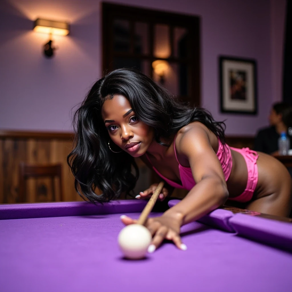 Bending over a purple pool table to aim her cue at the 8ball to win as she wears her hot pink, barley there chiffon bikini in high platform sandles that have laces wrapped up around her legs and her long hair falling over her shoulders as she looks in the camera with full glossy red lips pouting

Shot as if on a Canon EOS R5 with a 50mm f/1.2L lens, ISO 100, f/2.8, 1/125 shutter speed, enhanced by natural daylight and a softbox for glowing, lifelike lighting.

She has deep brown almond-shaped eyes and long, wavy black hair flowing over her shoulders styled in light ringlet curls. Her figure is curvy and feminine, with a confident presence. She has large breasts and a big butt. Her fingernails feature a LONG-length squared white French manicure, and her toenails are polished in a matching French pedicure.