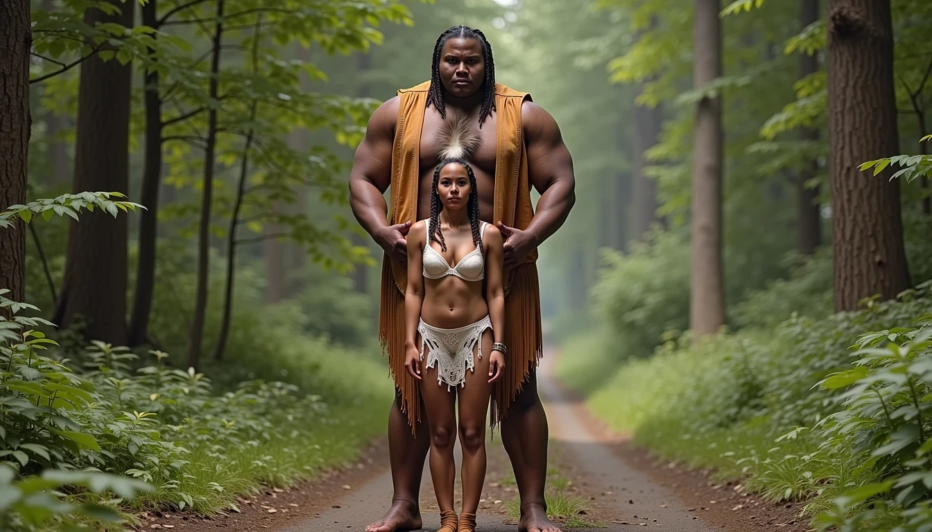 photo of woman CSTMDL, a medium shot photo of, a slim woman, her full body is in the scene, she has a slender petite build with petite small boobs and a flat chest, she has small dark skin nipples with long pointy nipple ducts and small dark skinned areolas, her hair is styled with two long braids she has eagle plumes in her hair, she is not wearing earrings, she is wearing daisy duke denim booty shorts, she is wearing a native American style vest in a golden yellow color over top of her underwear, she is holding her vest open exposing her strapless bra, her bra is a strapless white lace bra, she is wearing white lace panties, she is wearing ankle height smoked hide moccasins, natural lighting, natural light, amateur photography, shot on an iPhone, she is standing with her legs spread wide apart in a densely wooded forest, she is maintaining intense eye contact with the camera, there is a giant native American fat man twice her height standing up directly behind her holding onto the woman's waist, the man is holding her up suspended in the air in front of him, the man is a real giant, public setting, Hyper realism, ultra-sharp focus, highly detailed, natural lighting, natural light, amateur photography,