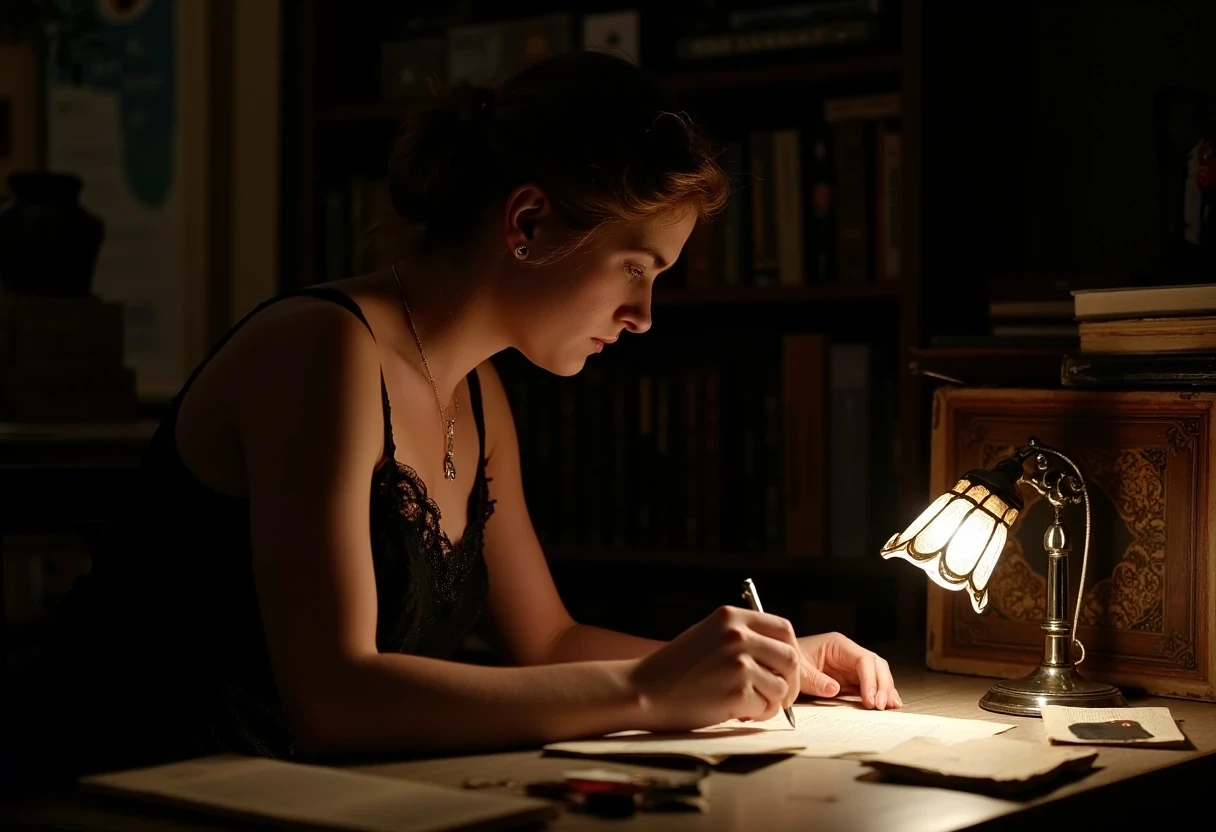 photo of woman CSTMDL, brunette, small pendant, hair tied, blue eyes, black night dress, working late night at her desk. The room is dark, the only light is a Gallé art nouveau desk lamp.
She’s surrounded by old books and sheets of paper she worked on.
She’s surrounded by her works in a beautiful art nouveau room