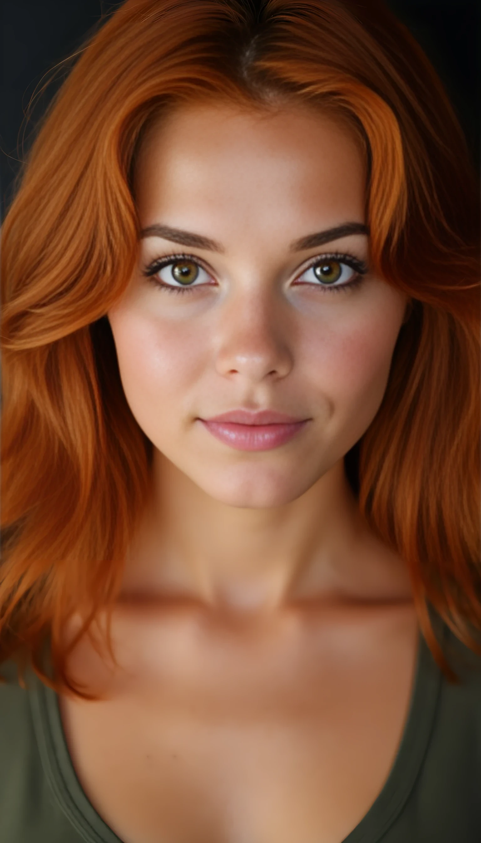 A portrait photo of a beauty young model 20 years old woman, mixed ethnicity of half white American half Brazilian, with red hair, ultra detailed eyes with sharp iris reflections, slight smile, studio high-quality