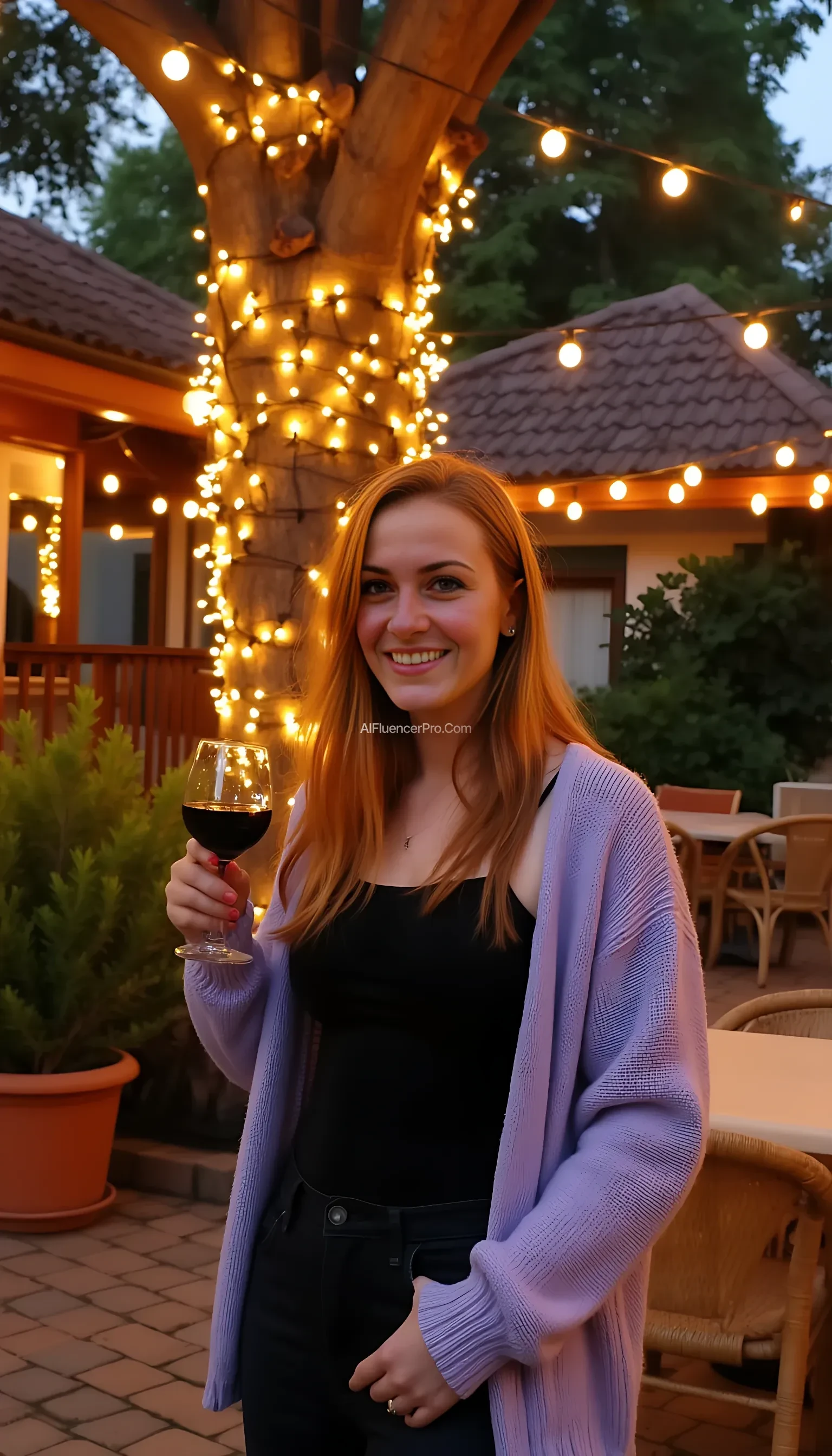 A full body shot photo of a woman standing outdoors at a cozy, warmly lit patio in the evening, with soft, glowing lights wrapped around a tree behind them creating a charming atmosphere. The image is rich in detail, with warm tones and clear textures throughout. The woman has fair skin, a slim build, and long reddish-blonde hair, also worn loose. She is smiling warmly at the camera, holding a glass of red wine in her right hand, and wears a soft-textured lavender cardigan over a black top. The background features a large tree with sparkling string lights wrapped around its trunk and branches, adding a magical touch to the scene. The setting suggests a private outdoor seating area, with elements like terracotta-tiled roofing, greenery, and rattan chairs contributing to a serene, inviting vibe. The overall composition is balanced, with the woman framed against the softly glowing tree, and the lighting enhances the warm, intimate feel of a quiet evening shared among friends. The details are vivid, with textures of clothing, skin, and background elements clearly visible, while the warm lighting creates a relaxed and joyful mood