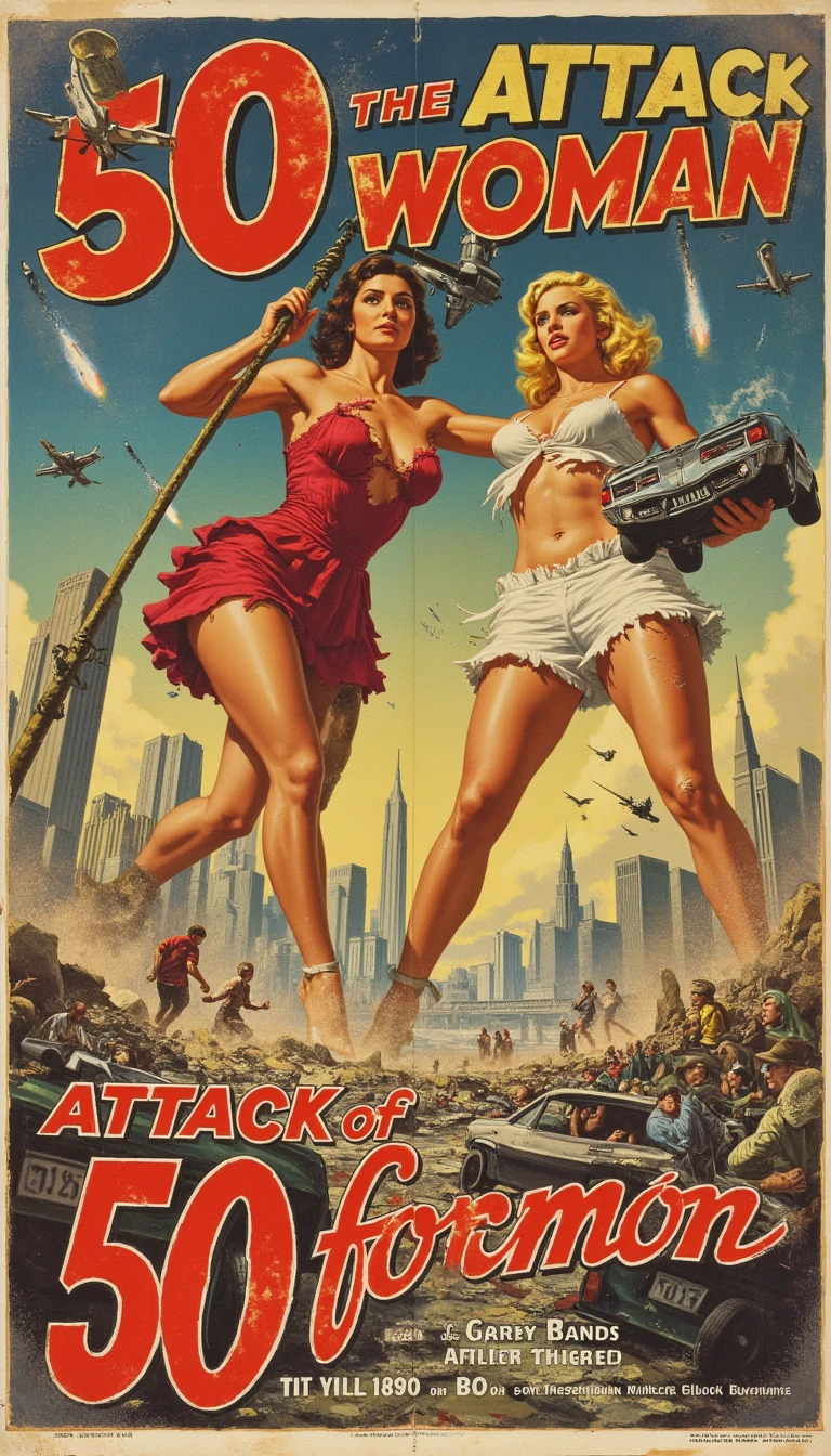 A vintage-style 1950s sci-fi movie poster inspired by „Attack of the 50 Foot Woman“. The scene features two gigantic women towering over a crumbling city, engaged in an epic battle. One woman has a confident, determined expression, wearing a torn red dress, gripping a damaged streetlight as a weapon. The other, in a ripped white outfit, has a fierce look, holding a crushed car in one hand. Fighter jets circle them, firing missiles as civilians flee in panic. The background showcases a cityscape with skyscrapers, some partially destroyed, and a highway filled with overturned cars. The title is displayed in bold, retro-style typography with a distressed, hand-painted look. The overall aesthetic mimics the classic 1950s B-movie poster style, with dramatic lighting, exaggerated expressions, and warm vintage colors