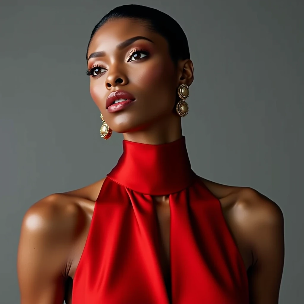 Vogue Cover
Shot on Hasselblad H6D-100c, 80mm f/2.8, ISO 50, 1/125 sec. Medium shot of statuesque supermodel with light olive brown skin, 5'11" height, sculpted cheekbones, and almond-shaped eyes. Wearing Valentino haute couture gown in scarlet silk. Skin texture shows microscopic detail: refined pores, slight golden undertone, ethereal glass-like finish from expert skin prep. Key light: 72-inch Broncolor Para with silk diffusion at f/16, creating luminous wrap-around light that accentuates bone structure. Background: seamless grey at f/22, gradient lighting. Model poses with signature elongated neck, slight profile, channeling Iman's classic stance. CSTMDL