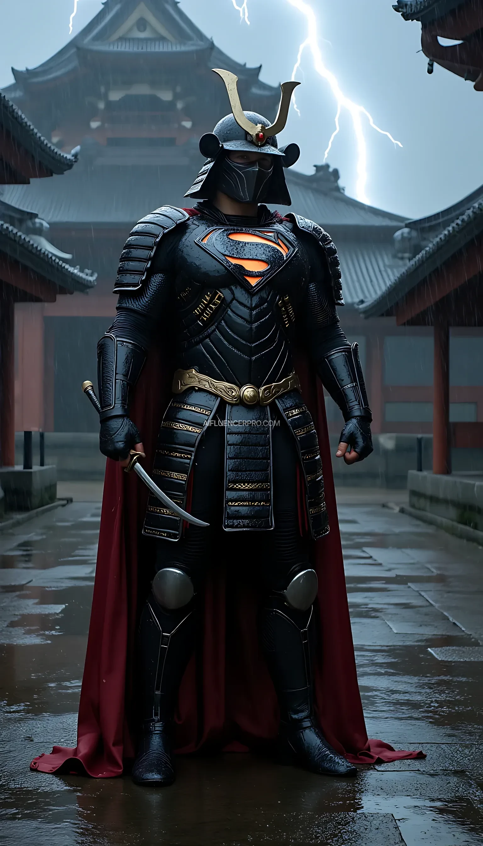 A photorealistic Superman wearing a majestic samurai-inspired suit, combining traditional Japanese armor with futuristic design. The samurai armor features intricate, metallic plating, with glowing accents that emphasize the advanced technology within. The iconic 'S' symbol is subtly integrated into the chest plate, radiating an aura of power. He wears a modernized samurai helmet, its sleek lines dripping with rain as water streams down his armor. Superman grips a katana firmly in one hand, the blade shimmering under the pouring rain, while droplets cascade from its edge. The scene is set in an ancient Japanese temple courtyard during a torrential downpour. Thunder rumbles in the distance, and flashes of lightning briefly illuminate the darkened sky. Puddles form on the stone ground, reflecting the temple's towering silhouette. Superman stands poised, his cape soaked and clinging to his body, as he prepares for an intense battle amidst the dramatic, rain-soaked atmosphere.