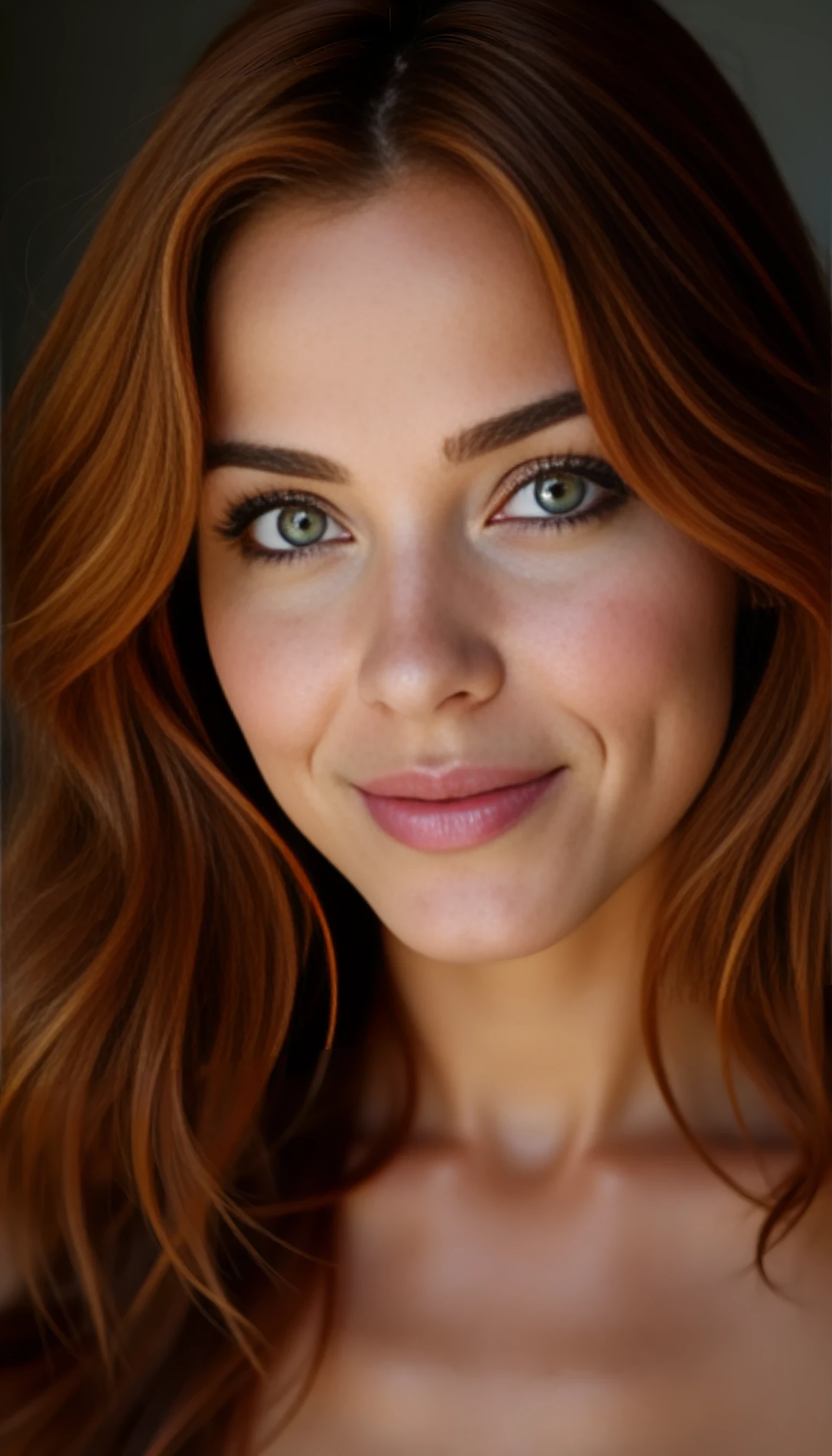 A portrait photo of a beautiful 42 years old model, mixed ethnicity of half white American half Brazilian, with dark auburn hair, piercing emerald eyes, ultra detailed eyes with sharp iris reflections, slight smile, studio-quality, extremely realistic HD and lightining