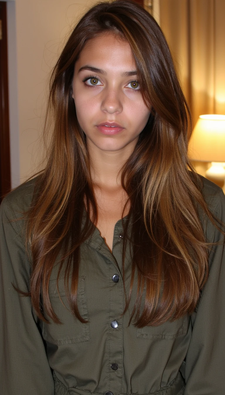 16 years old, beautiful, soft light brown hair, Long hair, green eyes, Fleshy lips, Serious, full outfit, image framed in the portrait style, in the living room, Latina, Makeup, Thin nose