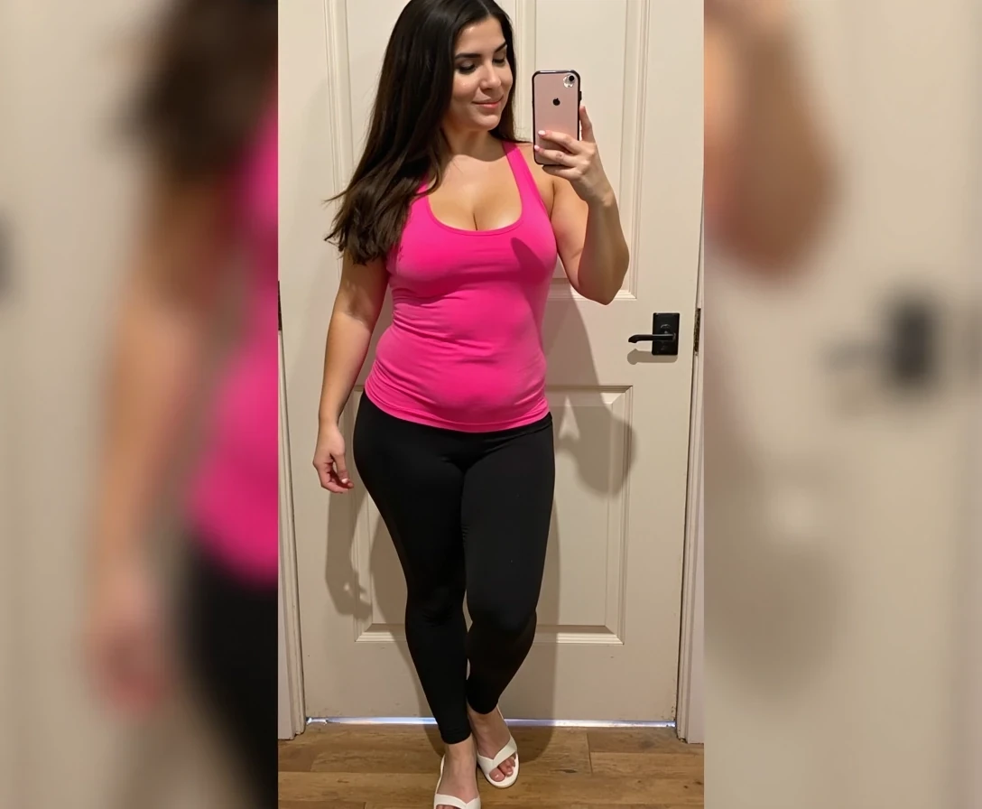 Photo of woman CSTMDL with massive round perfect boobs, she should have long straight hair, her cleavage should be pushed up, she should be 18, she should be wearing a low cut hot pink tank top, she should be wearing skin tight black yoga pants, she should be wearing white flip flops, she should be slim thick