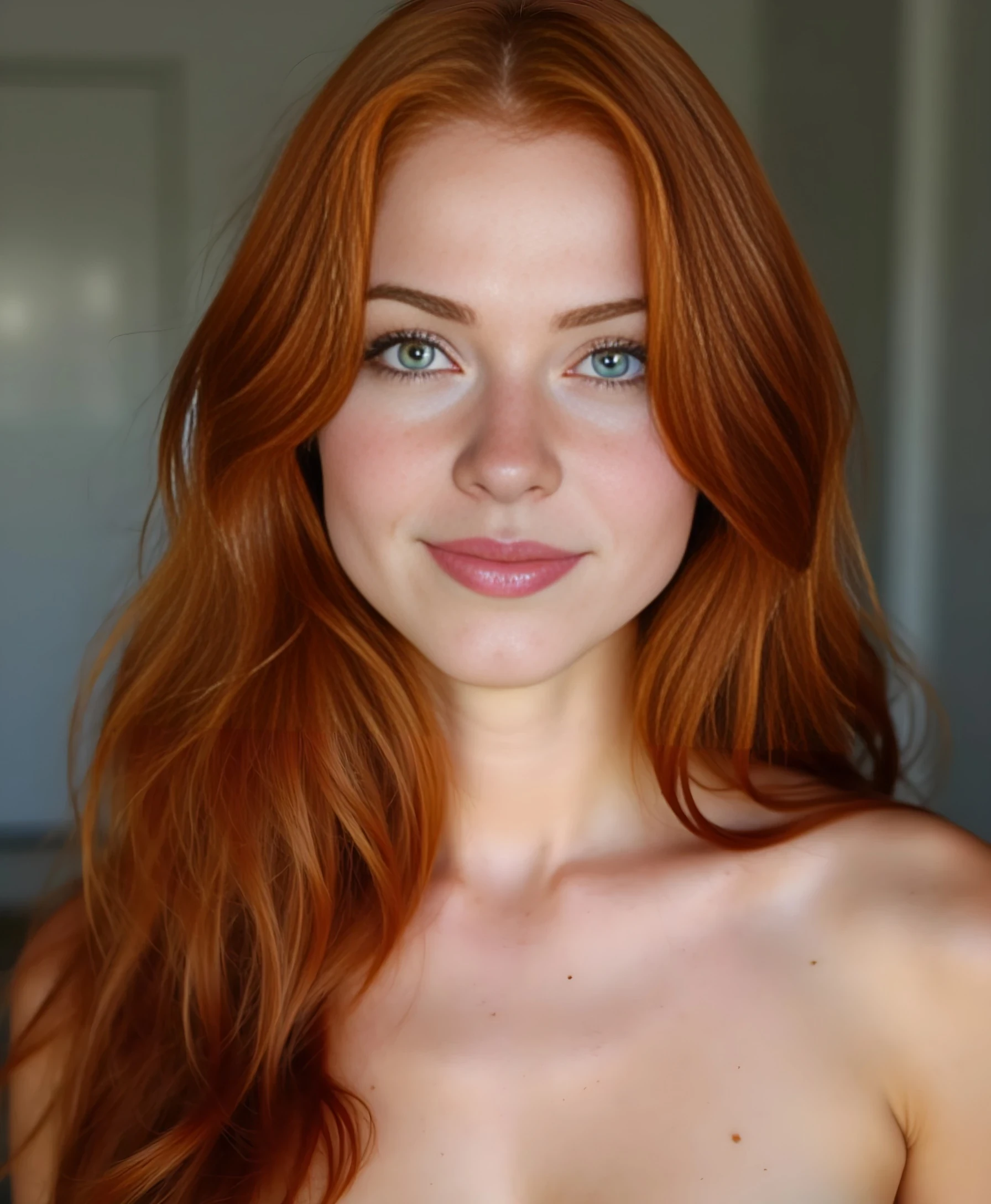 boring low quality snapchat photo circa 2015, photo of a breathtaking 26-year-old woman with long wavy deep red hair cascading down her back and over one shoulder. her porcelain skin is lightly dotted with natural freckles, especially across her chest and collarbones. she has striking emerald green eyes, full glossy lips, a delicate nose, soft cheekbones, and a symmetrical face with a gentle jawline. she is facing the camera directly, full frontal angle. her hair is parted softly to the side, framing her symmetrical face. her green eyes look into the lens with a confident smile, her lips gently parted. even lighting reveals the perfect balance of her facial features and freckled skin.