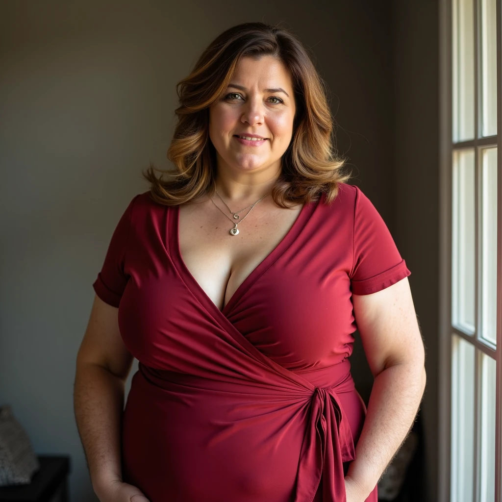 score_9, photorealistic portrait of a mature woman 45yo with slightly rounded face, soft curvy hourglass figure, plush curves, not obese, not overweight, (extremely large bust:1.6) (hyper bust:1.6) (L–M cup:1.6) gigantic cleavage, supported by a fitted wrap dress, realistic anatomy, proportional shoulders and hips, chestnut brown hair with golden highlights, natural daylight, 85mm lens --negative low quality, obese, overweight, skinny, small bust, medium bust, flat chest, deformed anatomy, warped clothing, extra limbs, bad hands, bad eyes