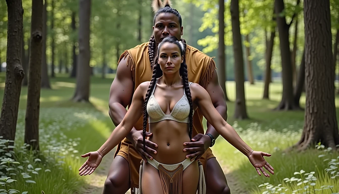 photo of woman CSTMDL, a medium shot photo of, a slim woman, her full body is in the scene, she has a slender petite build with petite small boobs and a flat chest, she has small dark skin nipples with long pointy nipple ducts and small dark skinned areolas, her hair is styled with two long braids she has eagle plumes in her hair, she is not wearing earrings, she is wearing daisy duke denim booty shorts, she is wearing a native American style vest in a golden yellow color over top of her underwear, her vest is open exposing her strapless bra, her bra is a strapless white lace bra, she is wearing white lace panties, she is wearing ankle height smoked hide moccasins, natural lighting, natural light, amateur photography, shot on an iPhone, she is standing with her legs spread wide apart in a densely wooded forest, she is maintaining intense eye contact with the camera, there is a giant native American fat man twice her height crouching directly behind her holding onto gripping the woman's waistline, the man is holding her in front of him, the man is a real giant twice the height of an average male, public setting, Hyper realism, ultra-sharp focus, highly detailed, natural lighting, natural light, amateur photography,