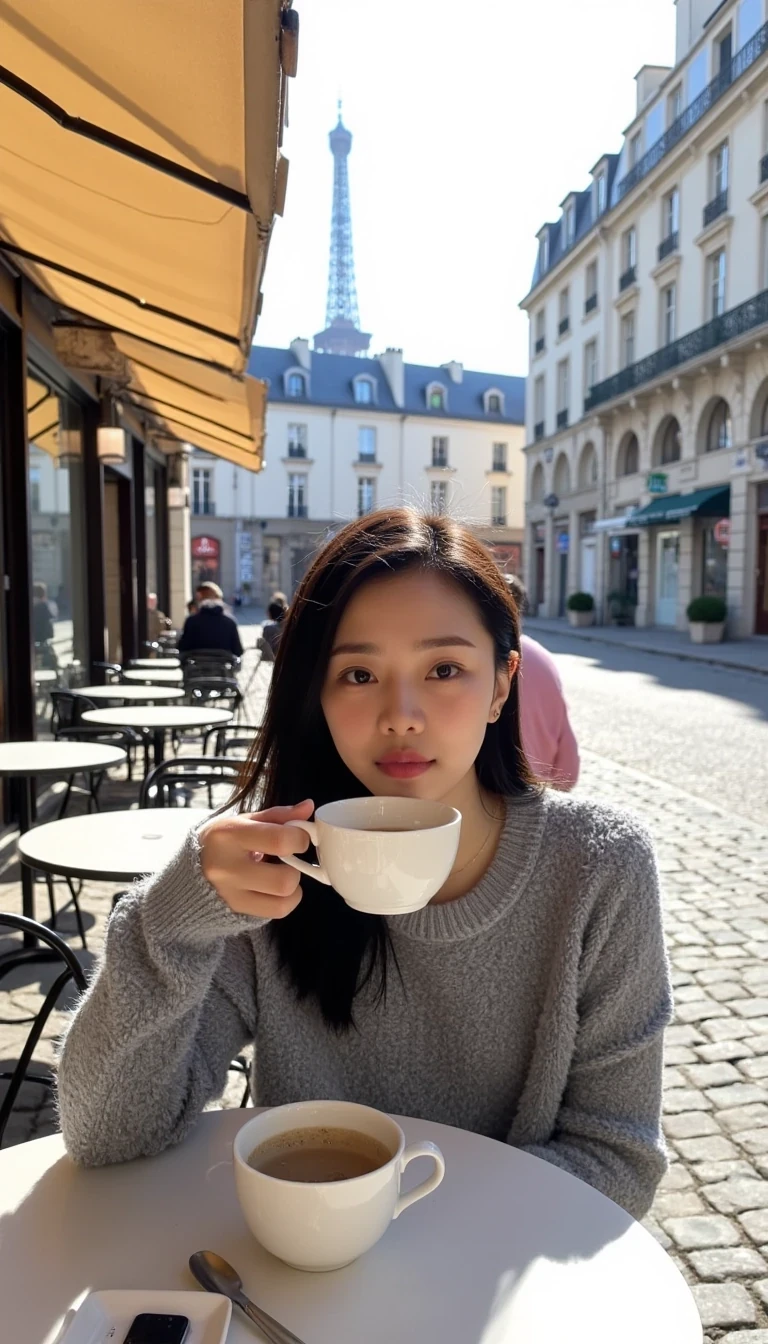 A young Asian woman sitting at a café terrace in Paris, sipping a cup of coffee. She is casually dressed, with a relaxed and content expression, enjoying the ambiance of the city. The background shows a typical Parisian street with café tables, buildings with French architecture, and a hint of the Eiffel Tower in the distance. The scene is bathed in soft, natural sunlight, capturing a peaceful and charming Parisian moment