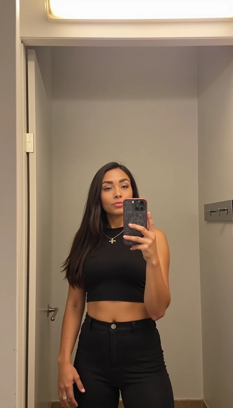 IMG_3434.HEIC, CSTMDL woman posing in mirror selfie in a bathroom, low quality image shot on phone camera