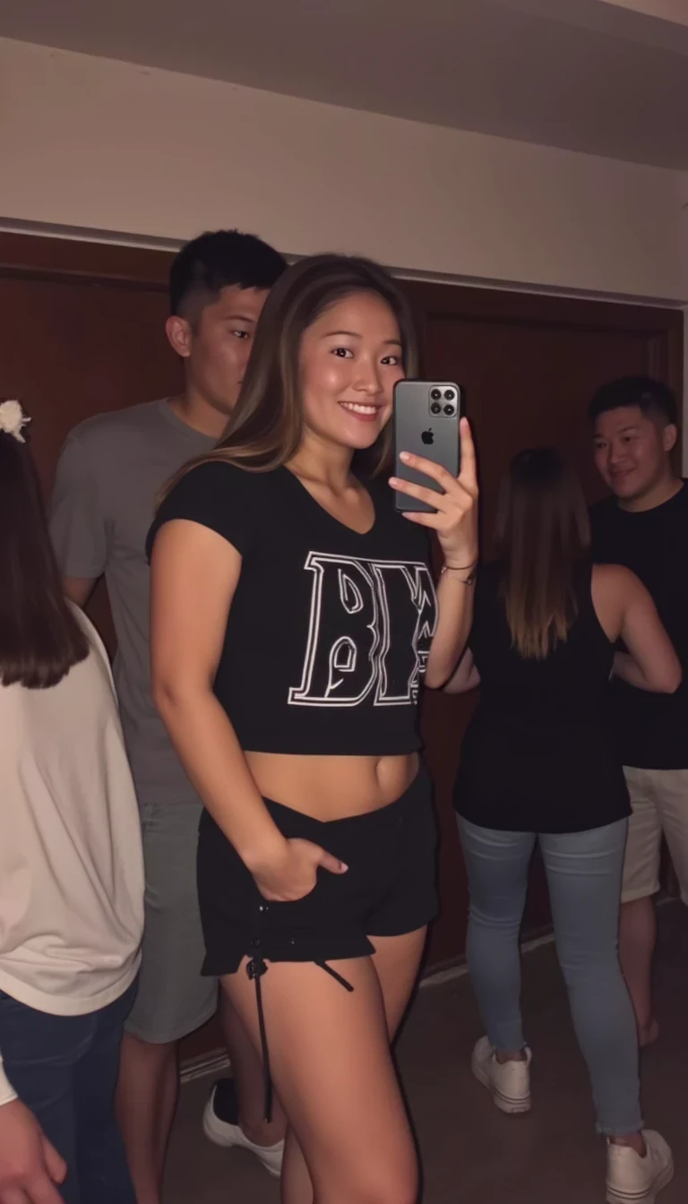 boring low quality snapchat photo circa 2018, drunk and standing on a table at a college party cute woman CSTMDL, candid moment