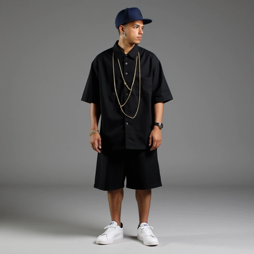 Black shirt with chains, two earrings studs for men, hiphop, short hair, with the NY fitted hat navy blue, watch on left wrist, white gold bracelet on right wrist, shorts below the knees with white sneakers, polo shirt