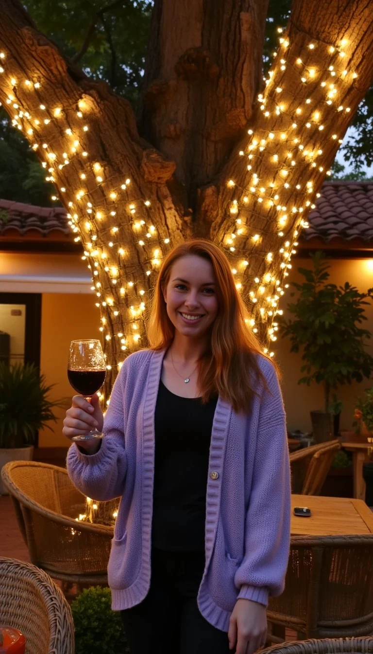 A full body shot photo of a woman standing outdoors at a cozy, warmly lit patio in the evening, with soft, glowing lights wrapped around a tree behind them creating a charming atmosphere. The image is rich in detail, with warm tones and clear textures throughout. The woman has fair skin, a slim build, and long reddish-blonde hair, also worn loose. She is smiling warmly at the camera, holding a glass of red wine in her right hand, and wears a soft-textured lavender cardigan over a black top. The background features a large tree with sparkling string lights wrapped around its trunk and branches, adding a magical touch to the scene. The setting suggests a private outdoor seating area, with elements like terracotta-tiled roofing, greenery, and rattan chairs contributing to a serene, inviting vibe. The overall composition is balanced, with the woman framed against the softly glowing tree, and the lighting enhances the warm, intimate feel of a quiet evening shared among friends. The details are vivid, with textures of clothing, skin, and background elements clearly visible, while the warm lighting creates a relaxed and joyful mood