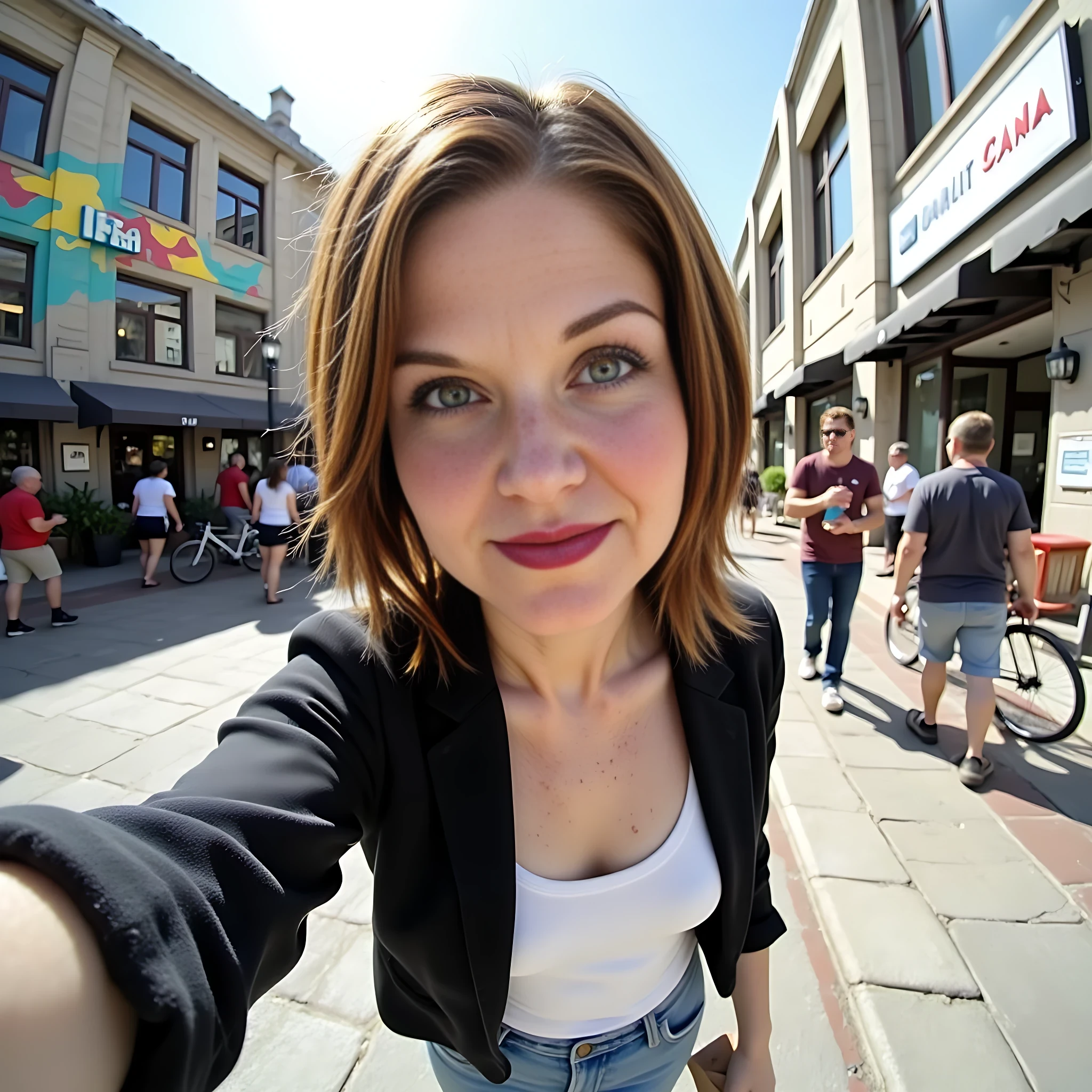 Medium shot GoPro-style selfie photo circa 2015, of a woman CSTMDL casually exploring an urban street on a sunny afternoon. She's captured from a slightly elevated wide-angle perspective typical of GoPro selfies, emphasizing the dynamic surroundings. Her wavy, shoulder-length dark brown hair gently moves in the breeze, catching sunlight and revealing subtle highlights. She’s dressed in a casual black cropped jacket, simple white top, faded blue jeans, and comfortable sneakers. She holds a small paper shopping bag in one hand, while the other holds the GoPro, slightly extended, capturing a playful expression with a soft smile. Her facial details like subtle freckles, natural pores, and authentic skin texture are distinctly visible. Bright, natural daylight illuminates her face, casting defined but gentle shadows. The background includes bustling pedestrians, parked bicycles, colorful storefronts, and vivid street art murals, all clearly captured by the wide-angle lens, adding to the lively and authentic city vibe.








