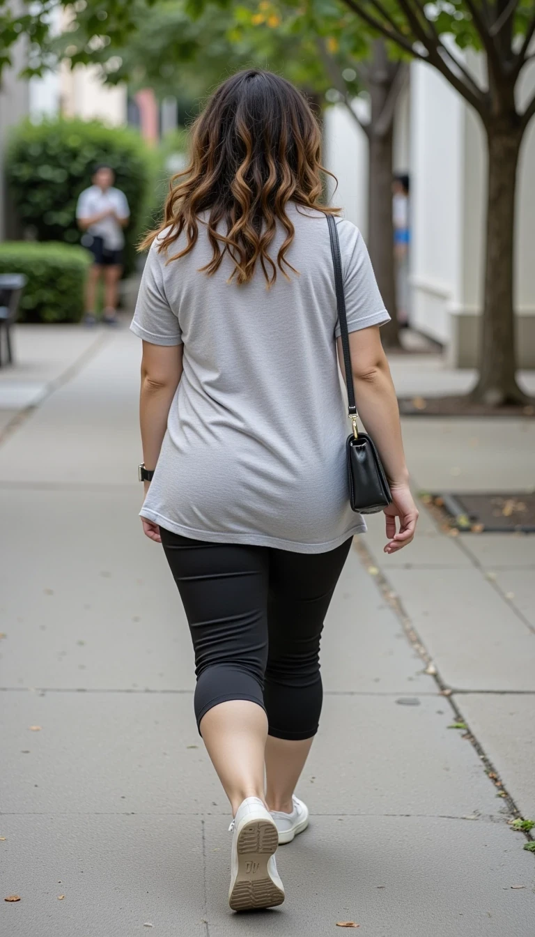 CSTMDL Woman mid-stride walking towards or past camera. Natural movement with one foot forward. Looking away from camera towards the distance. Capture sense of motion. Simple street or pathway background. Three-quarter angle view.