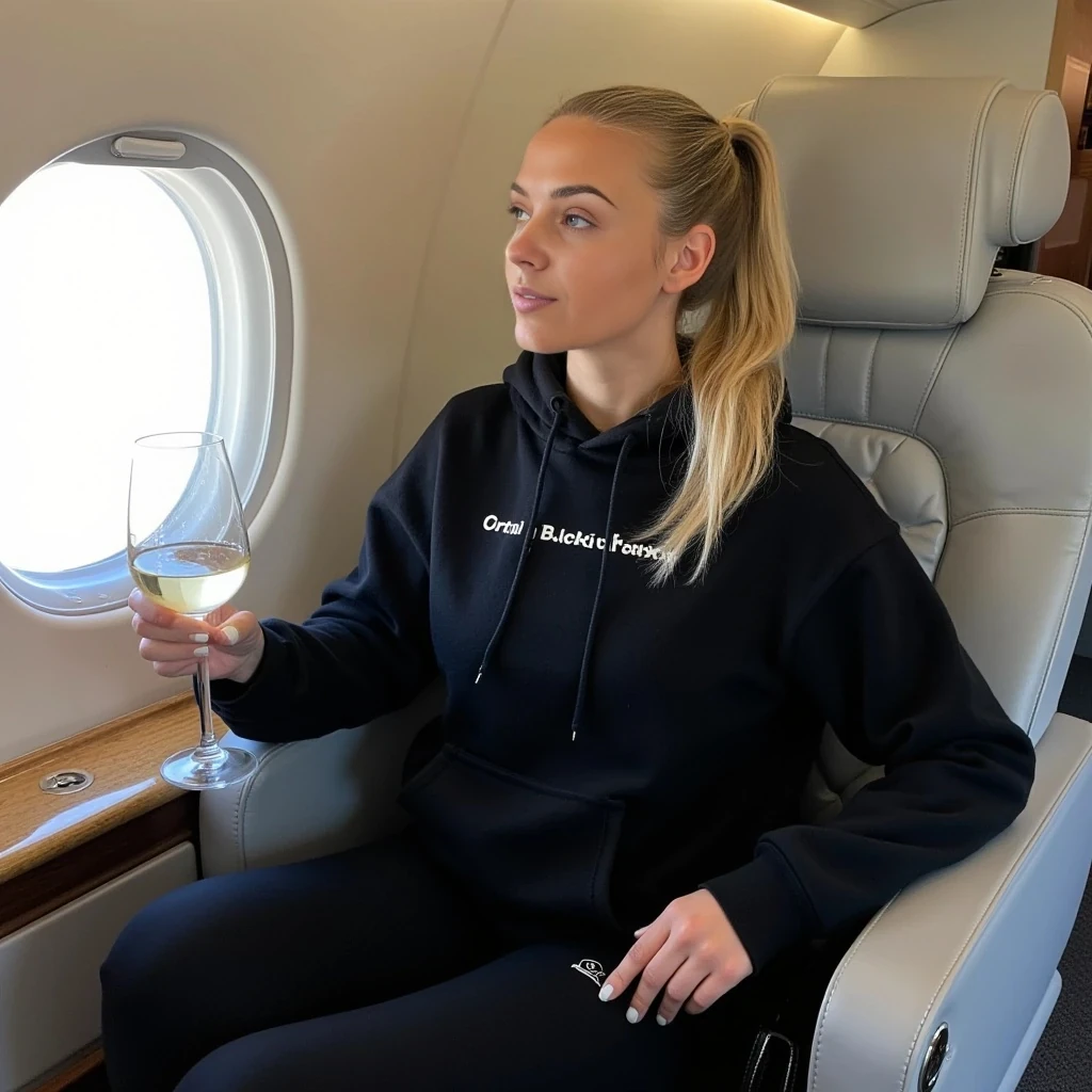 A young, lightly tan-skinned woman sits in a private jet cabin.  She is in her twenties. She is wearing a black hooded sweatshirt with white graphics on the chest and black fitted sweatpants, and has light soft long blonde hair styled in a ponytail.  She is holding a small glass partially filled with white wine. Her facial expression is neutral, and she is looking slightly off to her right.  Her body is slender and proportionate. She is positioned in the mid-frame, seated in the left-center of the image, taking up most of the frame. She is oriented facing slightly to her right, but her head is oriented towards the viewer. The setting is the interior of a private jet. The cabin is modern and light beige/gray.  The seating is luxurious, with padded quilted light-gray seats.  The image is well-lit, with natural light entering from the window on the left side of the frame.  The lighting highlights her features subtly. The style is elegant and sophisticated, featuring a luxurious interior.  A small dark-colored purse is visible on her lap. The composition is focused on the subject and her surroundings, emphasizing the ambiance of the private jet. The perspective is from slightly above her.