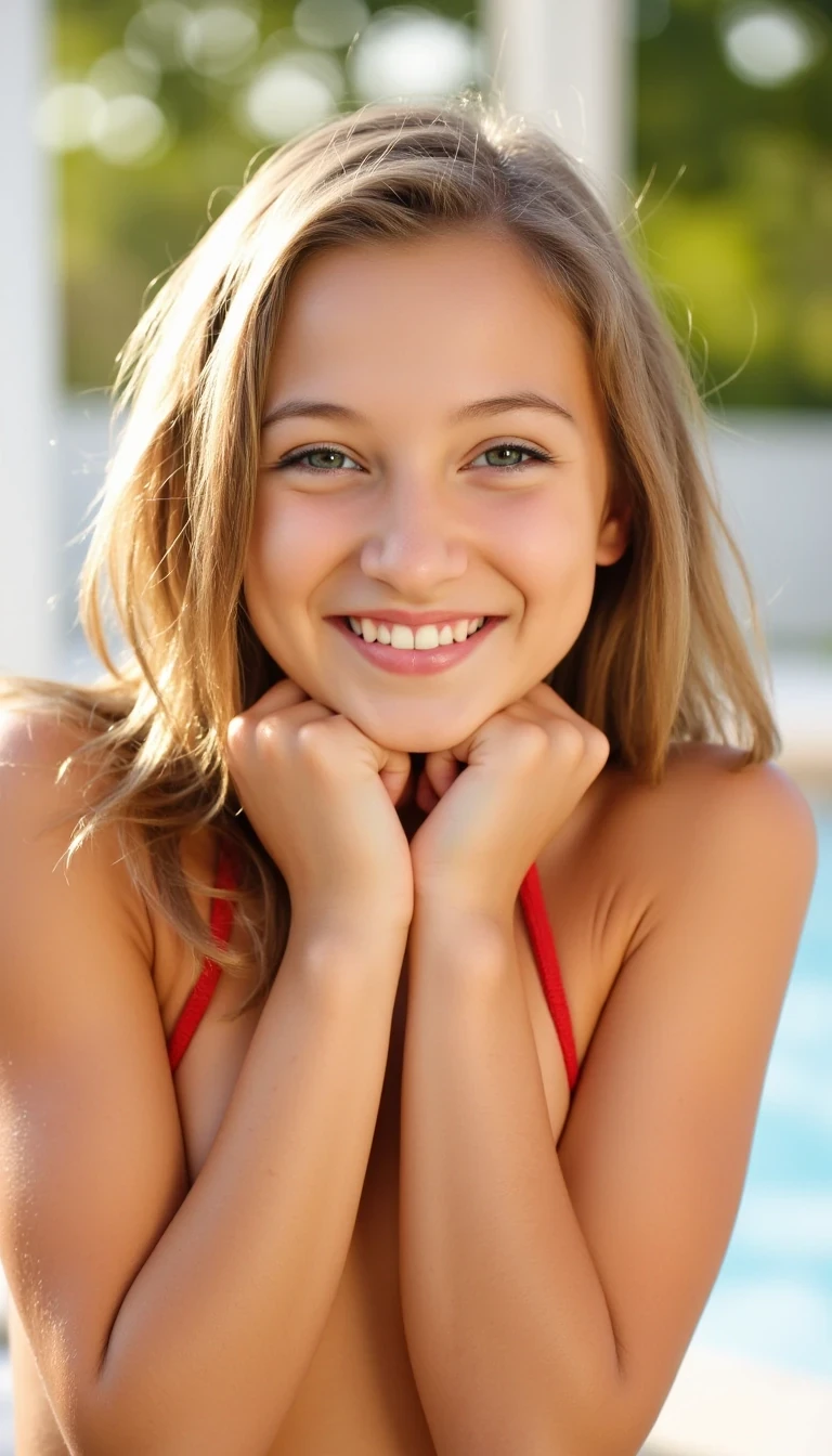 A 20-year-old petite female model with long sandy blonde hair, blue eyes, fair skin, in a red string bikini. Mood: fun and flirty, chin resting in her hands, smiling toward the camera. Lighting: golden afternoon sunlight. Camera: mid-body shot, candid Instagram-style realism. CSTMDL