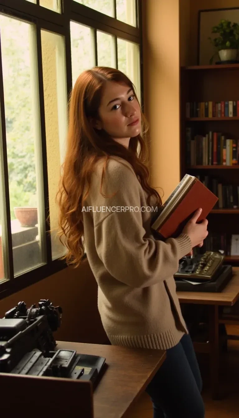 A college girl with fair skin, freckles, and long auburn hair, wearing a cozy oversized sweater and jeans, stands in a sunlit library, her expression a mix of curiosity and determination. She holds a vintage book, its pages slightly worn, as she leans against a wooden table. The scene is bathed in warm, golden light from a large window, casting soft shadows and creating a nostalgic atmosphere. The background features rows of bookshelves and a vintage typewriter on a desk. The lighting is soft and diffused, with a slight film grain and warm color grading, reminiscent of a Wes Anderson film.