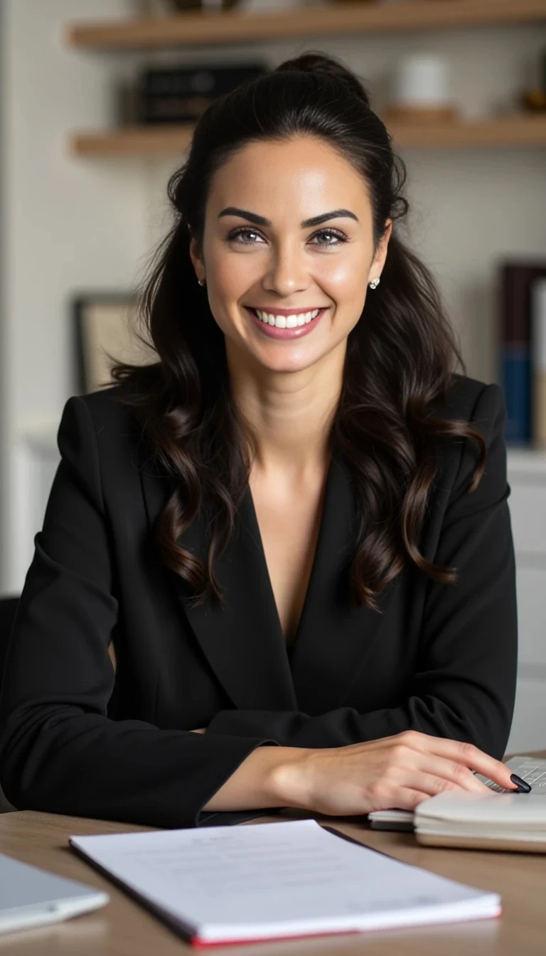 a profesional photo of Linda at her desk in her office, Her long, wavy dark hair is neatly pulled back into a sophisticated updo