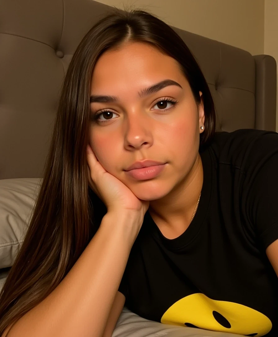 picture of a CSTMDL
Big tits. Big ass. No hip dips. Fit. Wide hips.
She is an 18-year-old girl with long, smooth, medium-dark brown hair (straight to slightly wavy), parted near the center. Her eyes are large, almond-shaped, and warm brown with full lashes and arched brows. She has an hourglass figure: height ~64 in, bust 36 in (28 in underbust), waist 24 in, hips 39 in. Bust is full and projected, waist narrow and flat, hips broad and rounded with lifted glutes. Thighs are full (~24 in), tapering to proportional calves. Arms are slim (~9 in upper arm), shoulders softly broad and balanced with hips. Neck medium, torso compact with a narrow ribcage, legs long relative to torso. Posture upright with mild anterior pelvic tilt. Skin is smooth, lightly tanned, and even-toned.
Scene/Background:
The photo is taken indoors, likely in a relaxed setting such as a bedroom or lounge space. The subject is lying against a soft gray upholstered headboard or cushion, with dim, warm lighting creating a cozy, intimate environment.

Pose & Camera Angle:
The subject is leaning slightly on her side, with her head resting back comfortably. She supports her chin with her left hand, fingers gently framing her cheek. The camera angle is close-up, centered on her face, capturing an expressive, candid smile with eyes squinting in laughter.

Outfit:
She is wearing a black T-shirt with a graphic print featuring a bright yellow smiley face partially visible at the chest. The design adds a playful pop of color against the dark fabric. Around her neck is a thin gold chain necklace, subtle but reflective in the warm light.

Lighting:
The lighting is soft, golden, and warm, coming from the left side of the image. It highlights the contours of her cheekbones and creates a natural glow on her skin. Shadows are soft, especially under the jawline and along the background, contributing to the cozy mood.

Mood/Vibe:
The mood is cheerful, warm, and candid. The combination of the genuine smile, playful graphic T-shirt, and soft lighting conveys a sense of comfort and authenticity. The photo feels spontaneous and relaxed, capturing a happy, lighthearted moment.