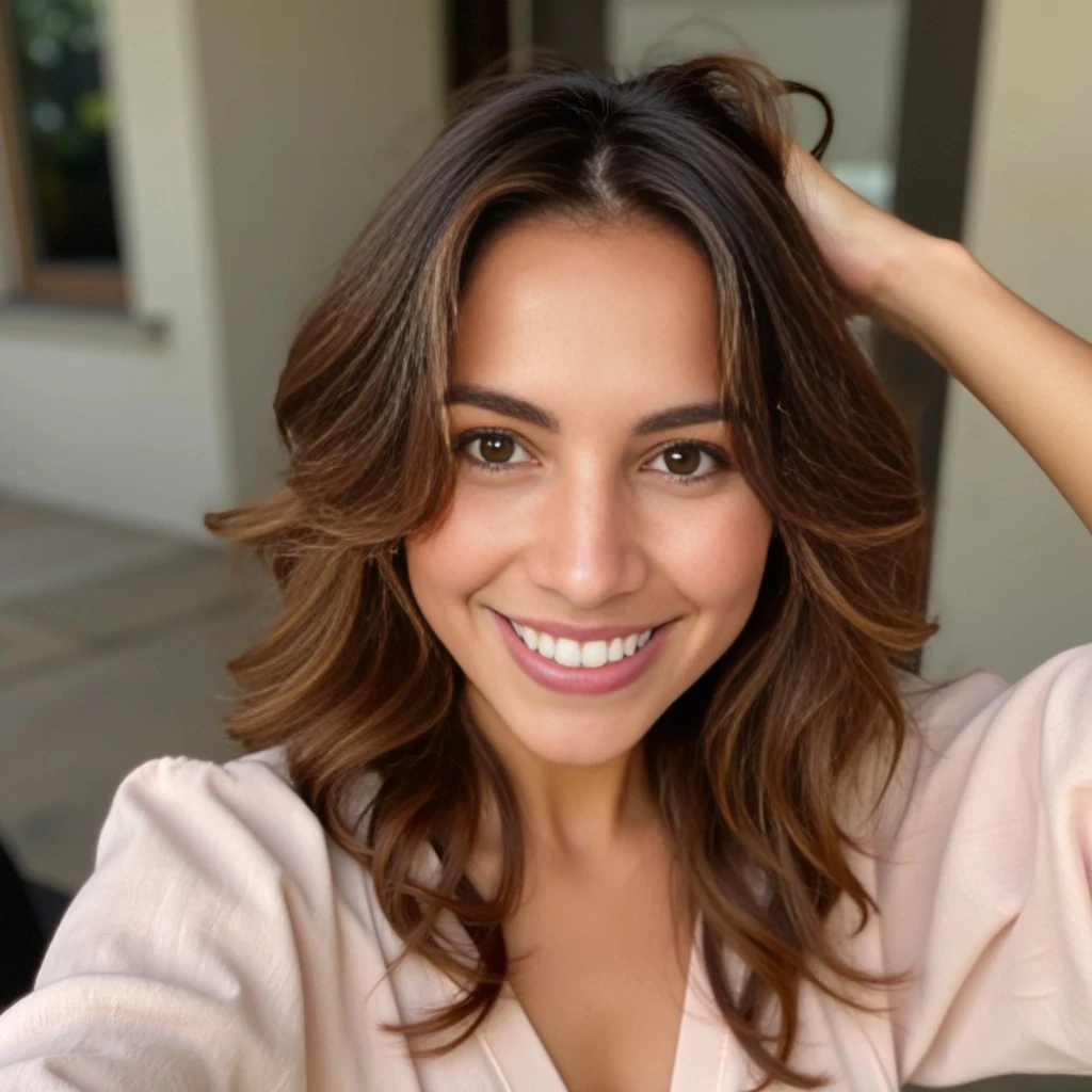 beautiful woman with Latin American features, inspired by the attached reference. She has softly curled chestnut-brown hair, warm glowing skin, and symmetrical facial features with naturally full lips and expressive almond-shaped eyes. She is smiling warmly in a casual, confident way, creating an approachable and radiant energy. She is taking a selfie in natural daylight, possibly in an outdoor or softly lit setting. Her outfit is feminine and stylish — something soft-toned and elegant, like a flowing blouse or dress. The selfie pose is natural and flattering, with one arm raised, holding the camera slightly above eye level. The background is lightly blurred to emphasize her, keeping the tone authentic and realistic — like a candid Instagram shot.

