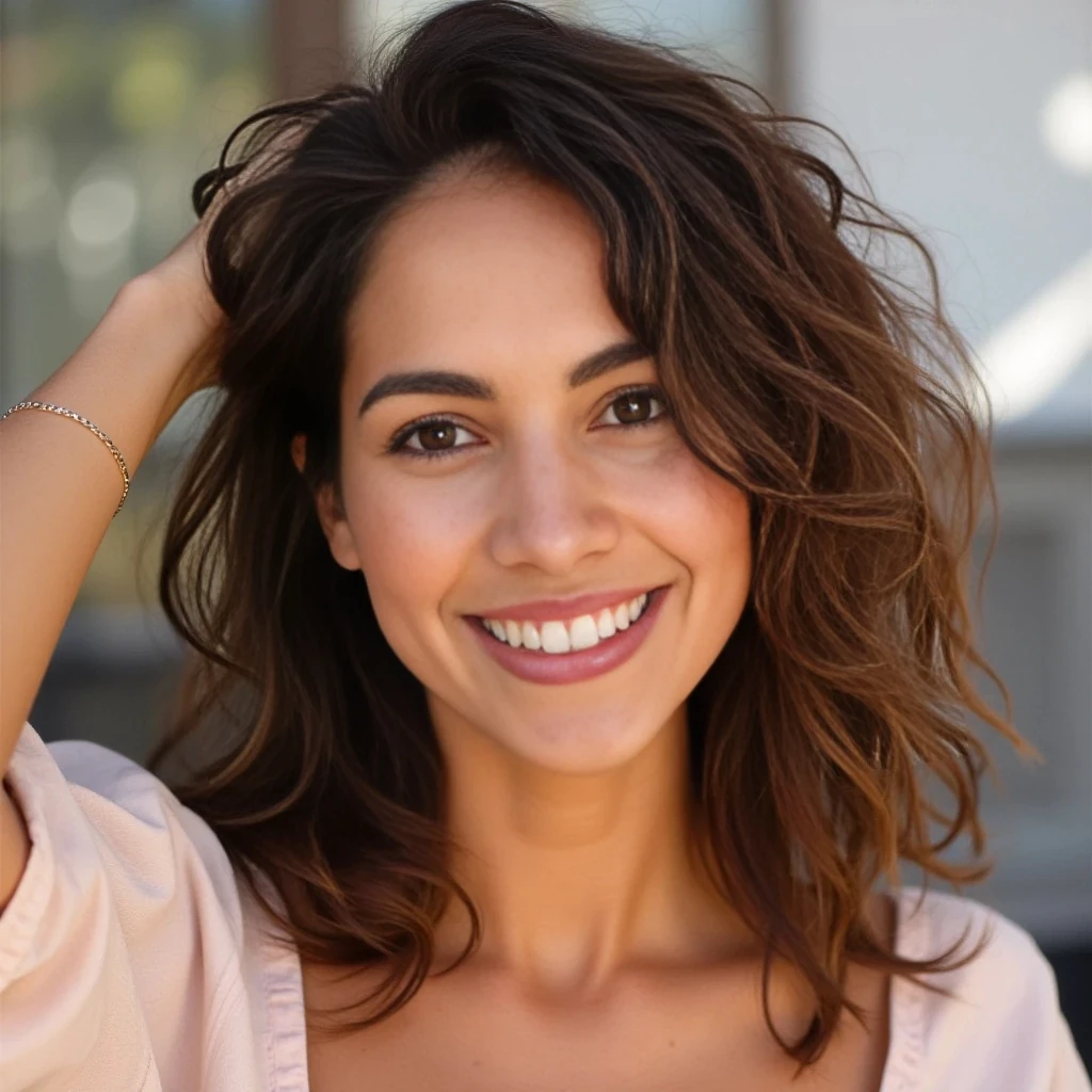beautiful woman with Latin American features, inspired by the attached reference. She has softly curled chestnut-brown hair, warm glowing skin, and symmetrical facial features with naturally full lips and expressive almond-shaped eyes. She is smiling warmly in a casual, confident way, creating an approachable and radiant energy. She is taking a selfie in natural daylight, possibly in an outdoor or softly lit setting. Her outfit is feminine and stylish — something soft-toned and elegant, like a flowing blouse or dress. The selfie pose is natural and flattering, with one arm raised, holding the camera slightly above eye level. The background is lightly blurred to emphasize her, keeping the tone authentic and realistic — like a candid Instagram shot.

