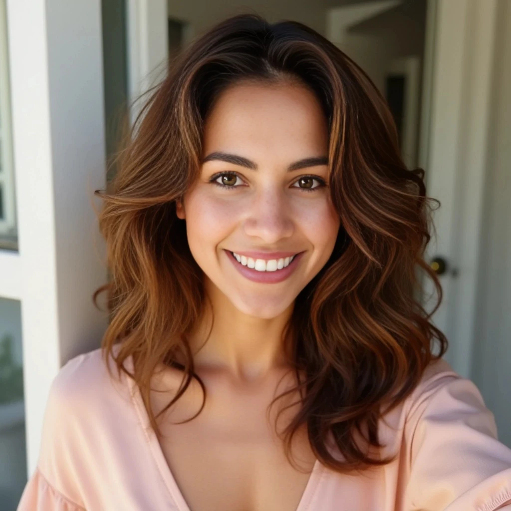 beautiful woman with Latin American features, inspired by the attached reference. She has softly curled chestnut-brown hair, warm glowing skin, and symmetrical facial features with naturally full lips and expressive almond-shaped eyes. She is smiling warmly in a casual, confident way, creating an approachable and radiant energy. She is taking a selfie in natural daylight, possibly in an outdoor or softly lit setting. Her outfit is feminine and stylish — something soft-toned and elegant, like a flowing blouse or dress. The selfie pose is natural and flattering, with one arm raised, holding the camera slightly above eye level. The background is lightly blurred to emphasize her, keeping the tone authentic and realistic — like a candid Instagram shot.

