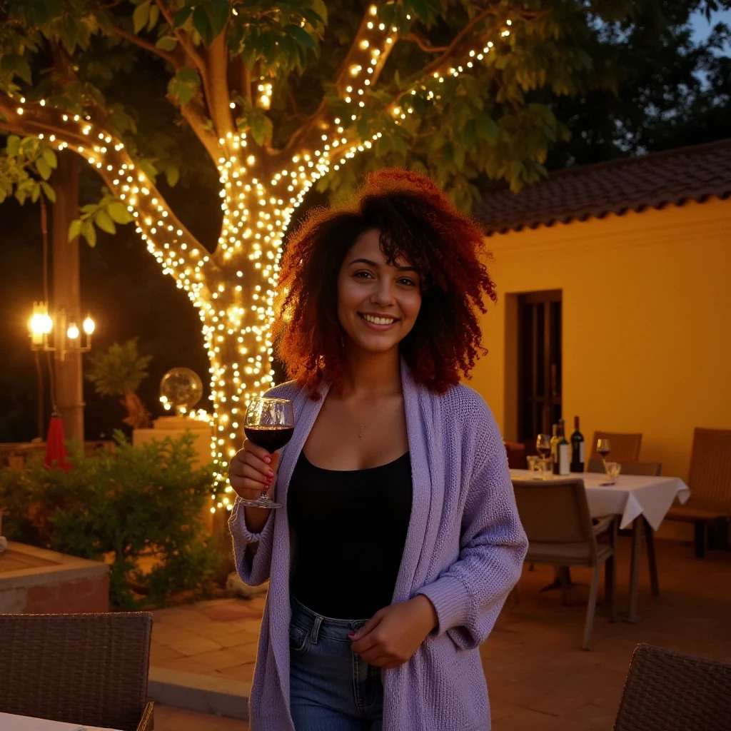 A full body shot photo of a woman standing outdoors at a cozy, warmly lit patio in the evening, with soft, glowing lights wrapped around a tree behind them creating a charming atmosphere. The image is rich in detail, with warm tones and clear textures throughout. The woman has lightly tanned skin, a slim curly build, and black and vivid red medium curly hair , also worn loose. She is smiling warmly at the camera, holding a glass of red wine in her right hand, and wears a soft-textured lavender cardigan over a black top. The background features a large tree with sparkling string lights wrapped around its trunk and branches, adding a magical touch to the scene. The setting suggests a private outdoor seating area, with elements like terracotta-tiled roofing, greenery, and rattan chairs contributing to a serene, inviting vibe. The overall composition is balanced, with the woman framed against the softly glowing tree, and the lighting enhances the warm, intimate feel of a quiet evening shared among friends. The details are vivid, with textures of clothing, skin, and background elements clearly visible, while the warm lighting creates a relaxed and joyful mood