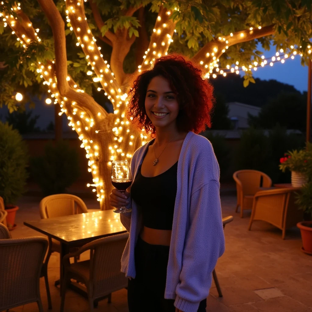 A full body shot photo of a woman standing outdoors at a cozy, warmly lit patio in the evening, with soft, glowing lights wrapped around a tree behind them creating a charming atmosphere. The image is rich in detail, with warm tones and clear textures throughout. The woman has lightly tanned skin, a slim curly build, and black and vivid red medium curly hair , also worn loose. She is smiling warmly at the camera, holding a glass of red wine in her right hand, and wears a soft-textured lavender cardigan over a black top. The background features a large tree with sparkling string lights wrapped around its trunk and branches, adding a magical touch to the scene. The setting suggests a private outdoor seating area, with elements like terracotta-tiled roofing, greenery, and rattan chairs contributing to a serene, inviting vibe. The overall composition is balanced, with the woman framed against the softly glowing tree, and the lighting enhances the warm, intimate feel of a quiet evening shared among friends. The details are vivid, with textures of clothing, skin, and background elements clearly visible, while the warm lighting creates a relaxed and joyful mood