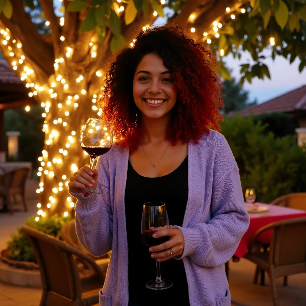 A full body shot photo of a woman standing outdoors at a cozy, warmly lit patio in the evening, with soft, glowing lights wrapped around a tree behind them creating a charming atmosphere. The image is rich in detail, with warm tones and clear textures throughout. The woman has lightly tanned skin, a slim curly build, and black and vivid red medium curly hair , also worn loose. She is smiling warmly at the camera, holding a glass of red wine in her right hand, and wears a soft-textured lavender cardigan over a black top. The background features a large tree with sparkling string lights wrapped around its trunk and branches, adding a magical touch to the scene. The setting suggests a private outdoor seating area, with elements like terracotta-tiled roofing, greenery, and rattan chairs contributing to a serene, inviting vibe. The overall composition is balanced, with the woman framed against the softly glowing tree, and the lighting enhances the warm, intimate feel of a quiet evening shared among friends. The details are vivid, with textures of clothing, skin, and background elements clearly visible, while the warm lighting creates a relaxed and joyful mood
