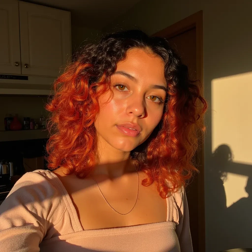 Selfie photo of cute lightly tanned skin woman with black and vivid red medium curly hair  in a kitchen, The light from the setting sun gives a soft orange glow across her face and upper body, casting long shadows