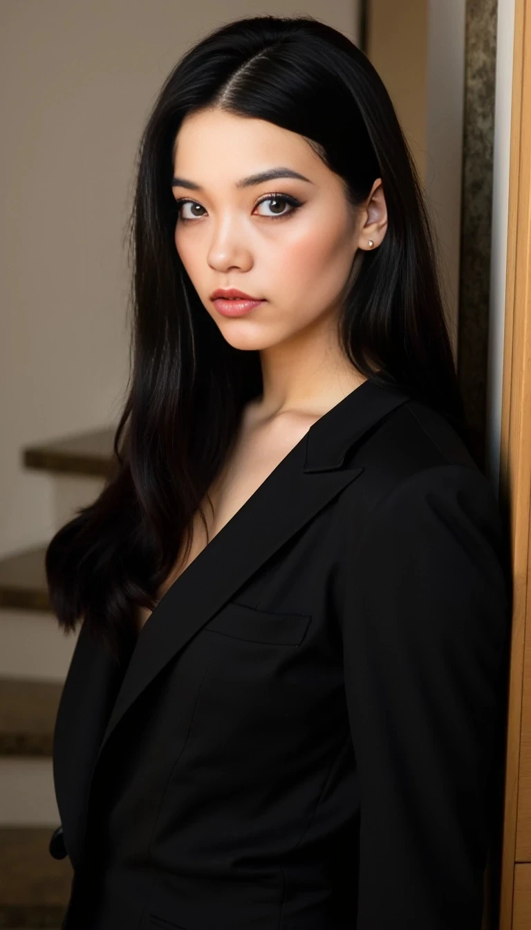 boring low quality snapchat photo circa 2015, woman model wearing (black lingerie garterbelts black lingerie garterbelts black stockings stockings), feminine hourglass in front of luxury villa, suit, classy, intelligent, a stunning woman with pale ivory skin and sharp, defined facial features, high cheekbones, almond-shaped grey-green eyes with a piercing gaze, subtle smoky eye makeup, full natural lips, small beauty mark under her left eye, straight long black hair with a middle part, slightly serious expression, cinematic lighting, ultra realistic face, soft shadows, femme fatale aesthetic