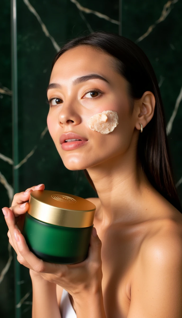  Lumière Exfoliating Scrub
Product Description: A rich, whipped exfoliating scrub with a peach-toned gel-cream texture, flecked with ultra-fine natural microbeads. Housed in a deep emerald green frosted jar with a brushed matte gold lid embossed with the Lumière camellia emblem.

AI Model Prompt:
“An elegant female model with radiant, caramel-toned skin gently exfoliating her cheek with Lumière’s exfoliating scrub. Product visible in hand and on face. Deep emerald green jar with gold lid embossed with peach flower. Setting: natural daylight in a luxurious bathroom with dark green marble.”

