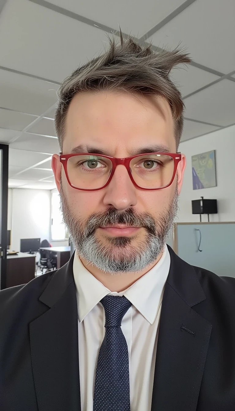The face are not similar to the model i train... make him more realistic and similar. Businessman, He is wearing a suit and modern red Ray-Ban reading glasses. Slim but muscular build. He is facing the camera directly, as if posing for a LinkedIn profile picture. He looks like a model.