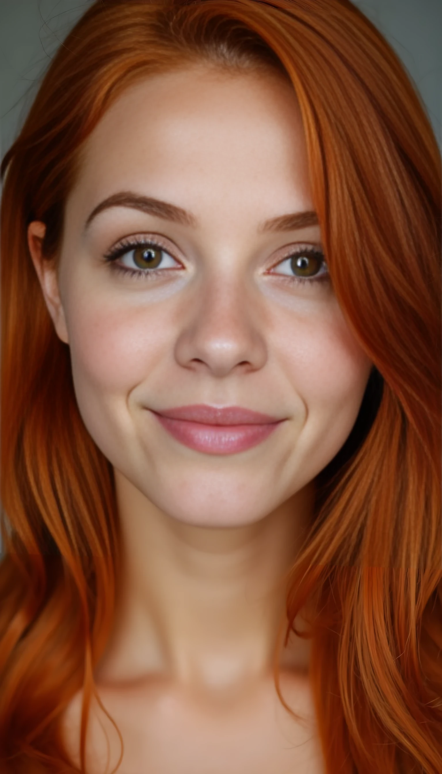 A portrait photo of a beauty young model 20 years old woman, mixed ethnicity of half white American half Brazilian, with red hair, ultra detailed eyes with sharp iris reflections, slight smile, studio high-quality