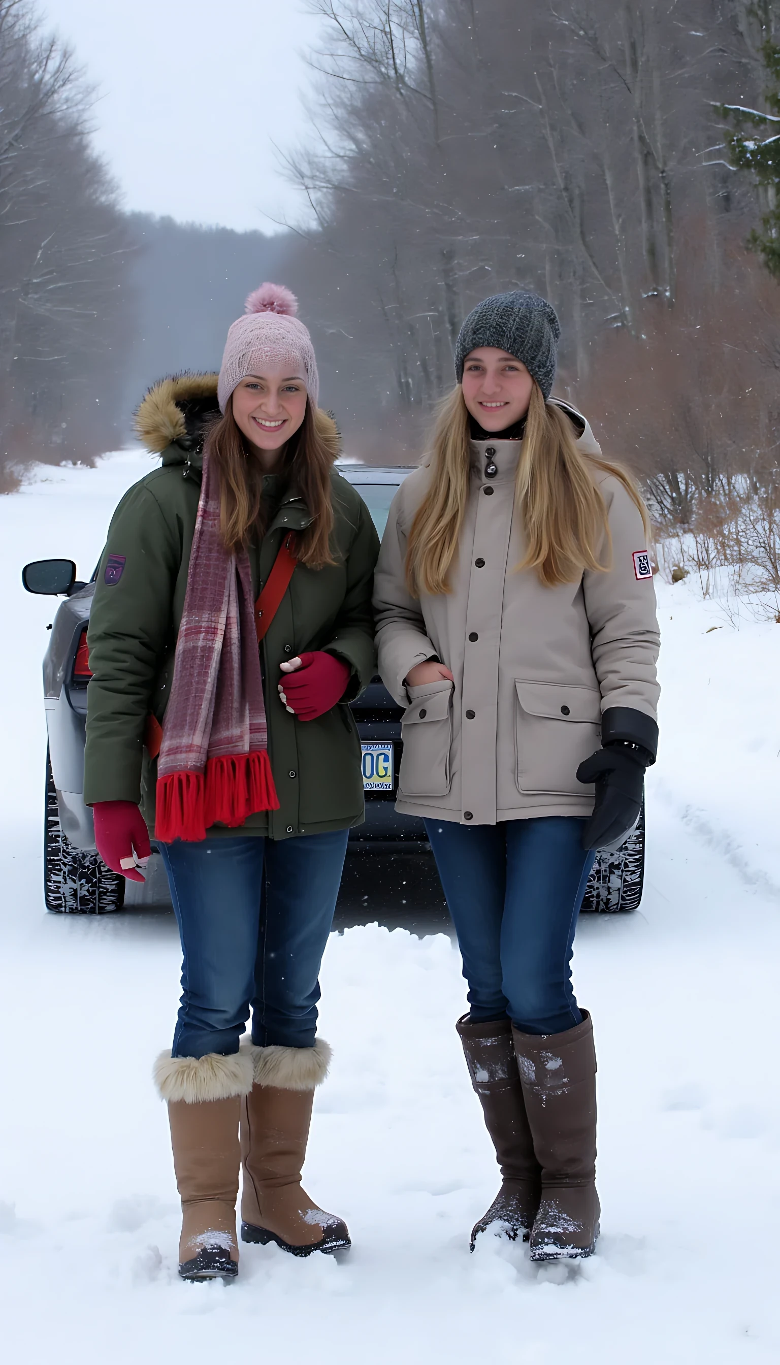 two friends, one extreme winter, snow upto knees, road behind, mustang charger behind, both girls wearing winter clothes and long boots, 