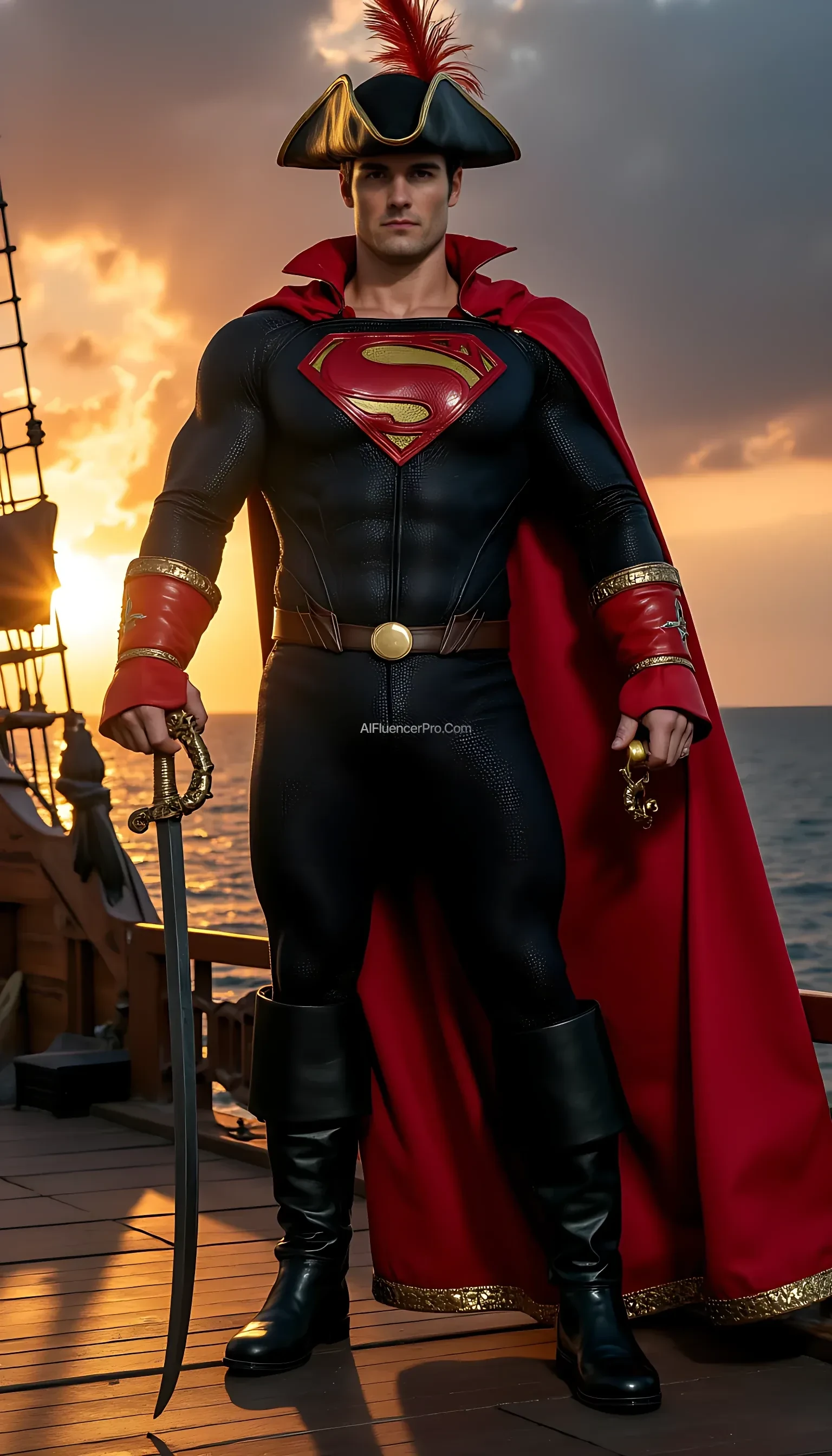Photorealistic Superman wearing a Captain Hook-inspired outfit. He dons a regal red pirate coat with gold trim, black pants, tall leather boots, and a wide-brimmed pirate hat adorned with a majestic feather. The iconic "S" emblem is prominently displayed on his chest, seamlessly integrated into the pirate design. His right hand holds an elegant golden sword, while his left hand features a shiny hook, blending his superhero identity with the pirate theme. The background features the deck of a grand pirate ship at sunset, with dramatic clouds and a glowing horizon, creating a cinematic and epic atmosphere.