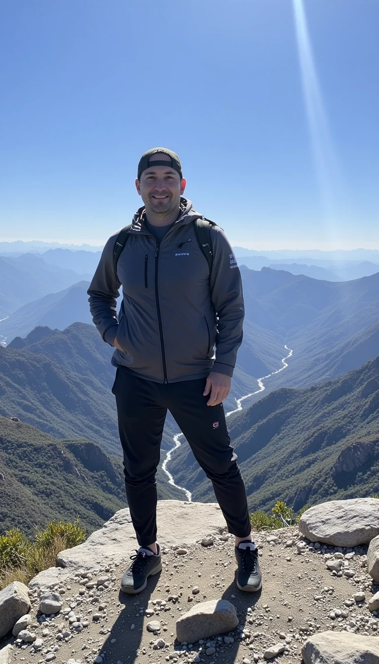 photo of a mid 40s man CSTMDL in hiking attire at the summit of a small mountain. he has a dad bod but is clearly in shape