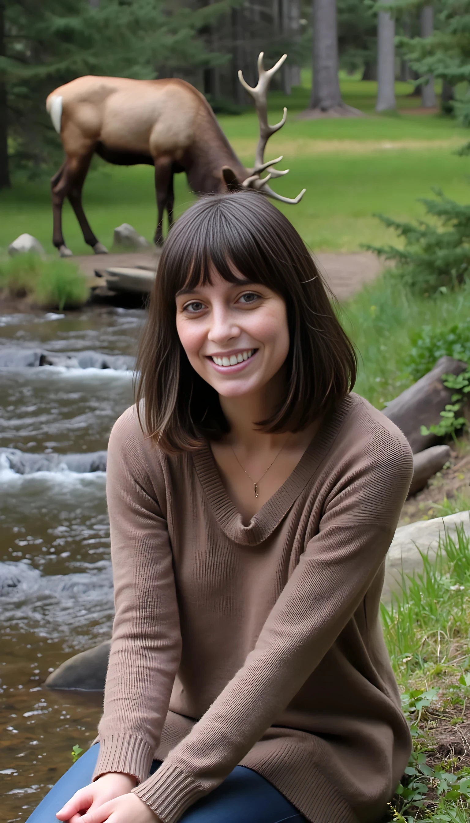 iphone portrait of CSTMDL woman thirty five years old Bob length hair hair makeup bangs cute smile brown eyes and sitting in middle of woods next to creek background large elk in background 